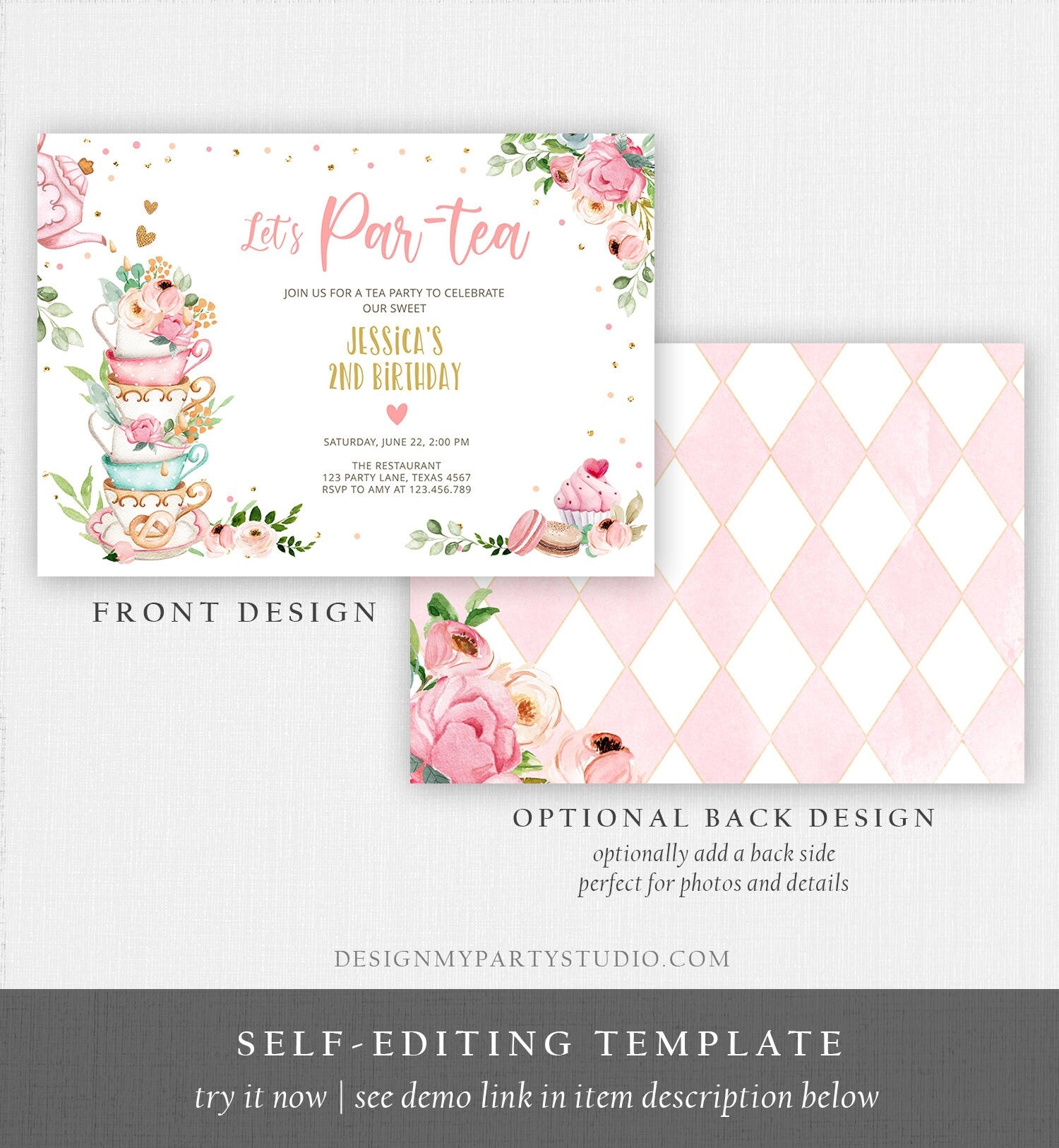 Editable Tea Party Birthday Invitation Girl Par-Tea Invite Floral Pink Gold Whimsical Tea Digital Download Evite Template Printable 0349