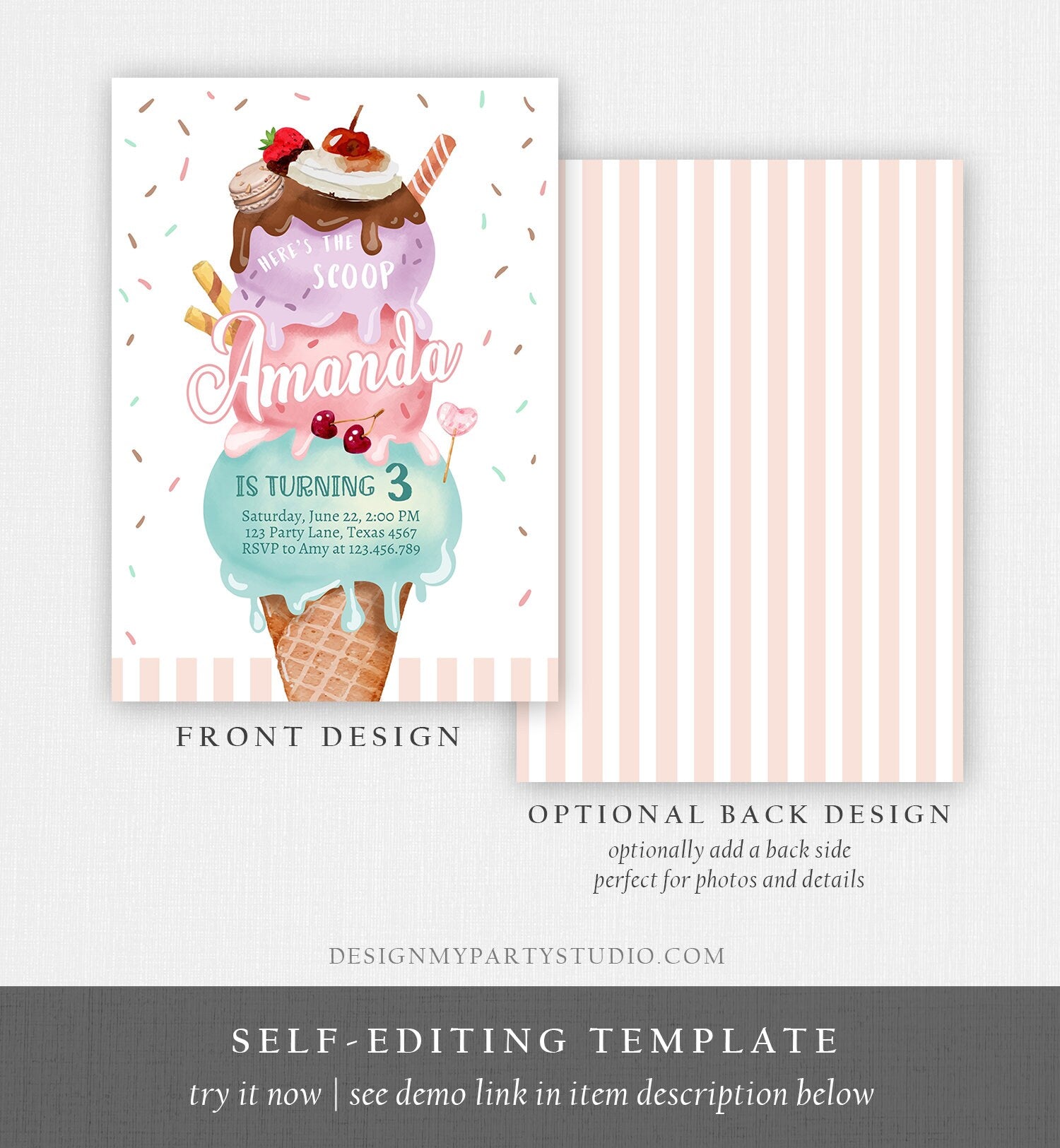 Editable Ice Cream Birthday Invitation Here's the Scoop Invite Cone Ice Cream Party 1st Pink Mint Purple Printable Template Corjl 0392