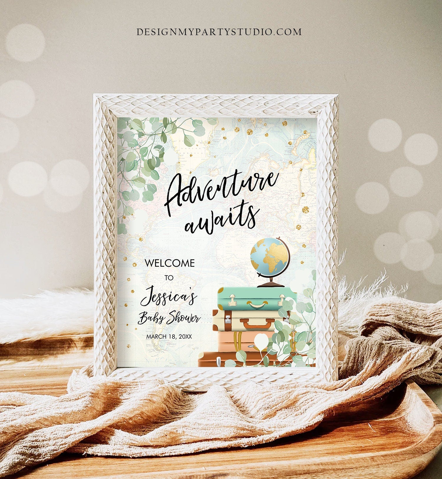 Editable Adventure Awaits Welcome Sign Baby Shower Traveling Around the World Travel Adventure Bridal Shower Floral Blue Corjl Template 0030