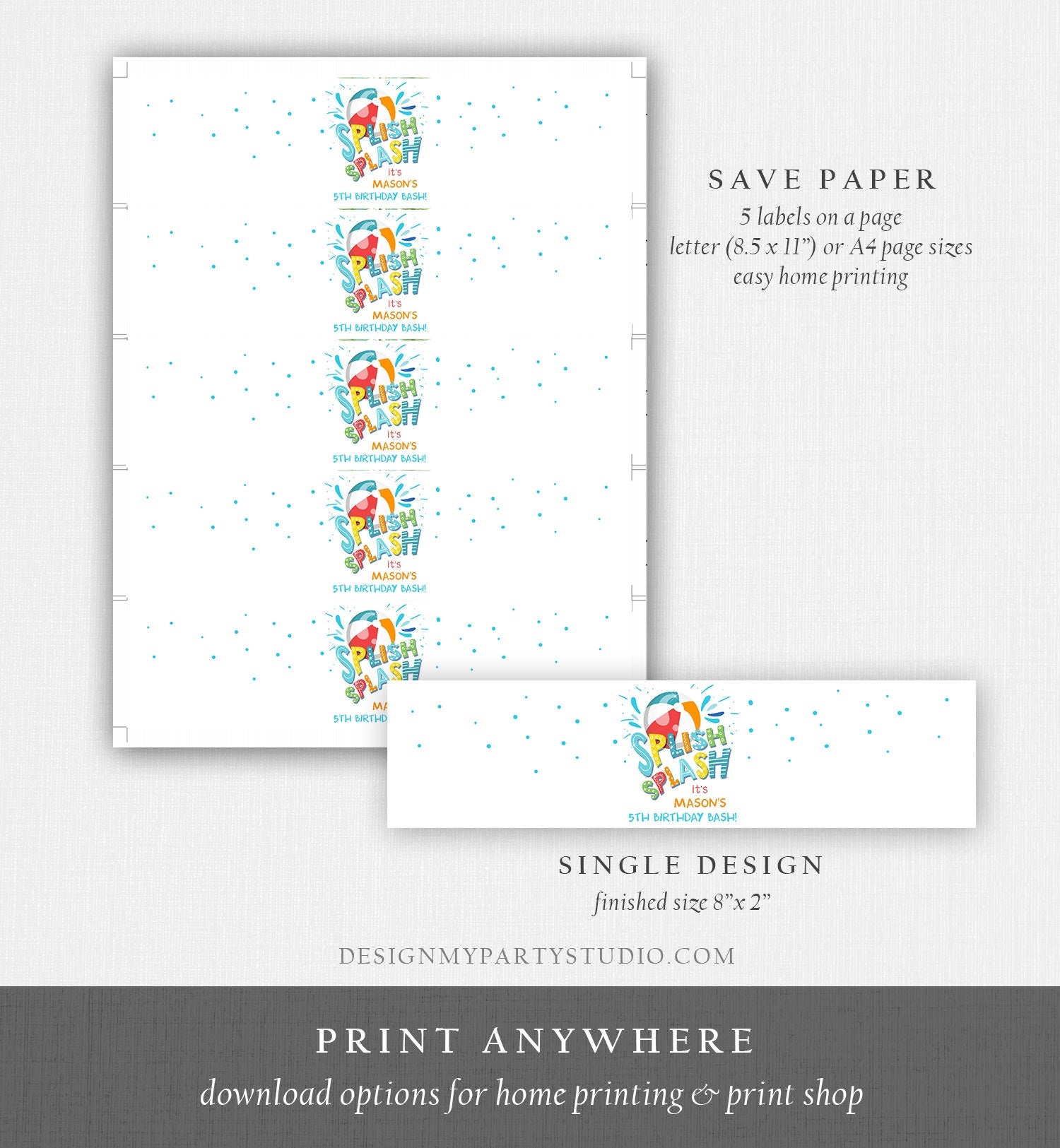 Editable Pool Party Water Bottle Labels Splish Splash Birthday Party Decor Pool Party Beach Ball Bash Download Printable Template Corjl 0169