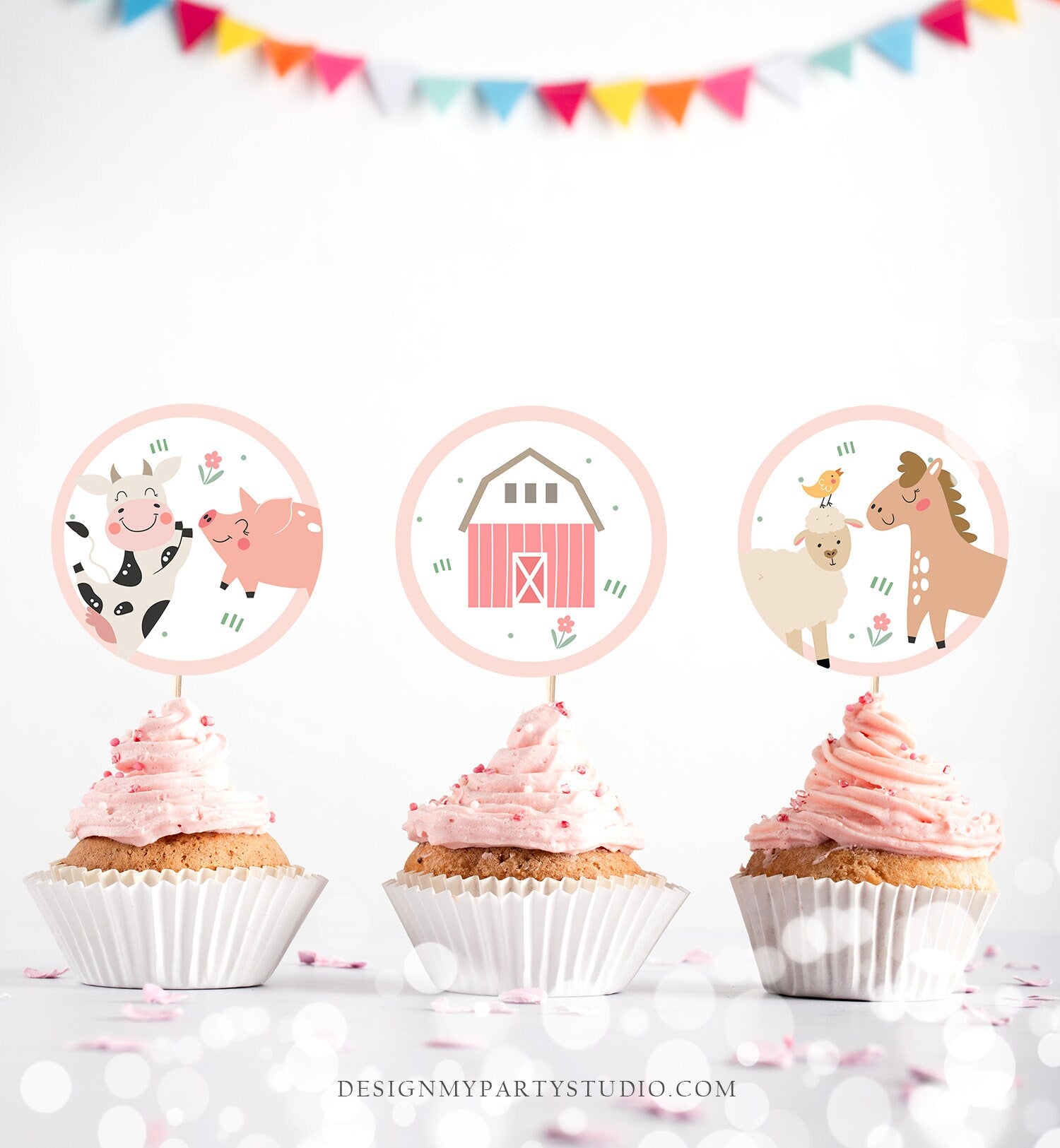 Pink Farm Birthday Cupcake Toppers Favor Tags Barnyard Birthday Party Decor Girl Farm Animals Sticker Modern Digital Download Printable 0436
