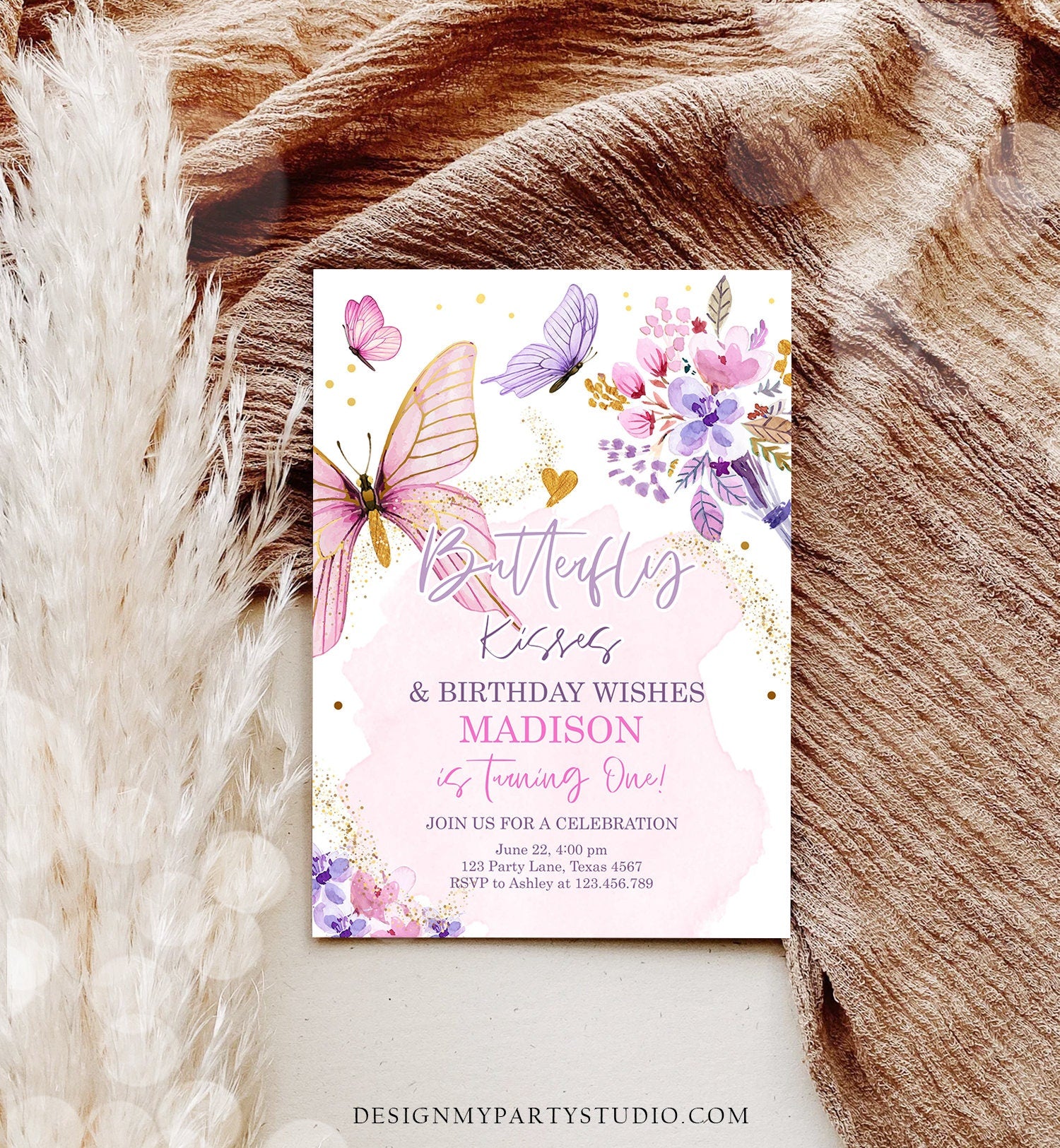 Editable Butterfly Birthday Invitation Girl Butterfly Kisses Invite 1st Birthday Party Floral Pink Download Printable Template Corjl 0437