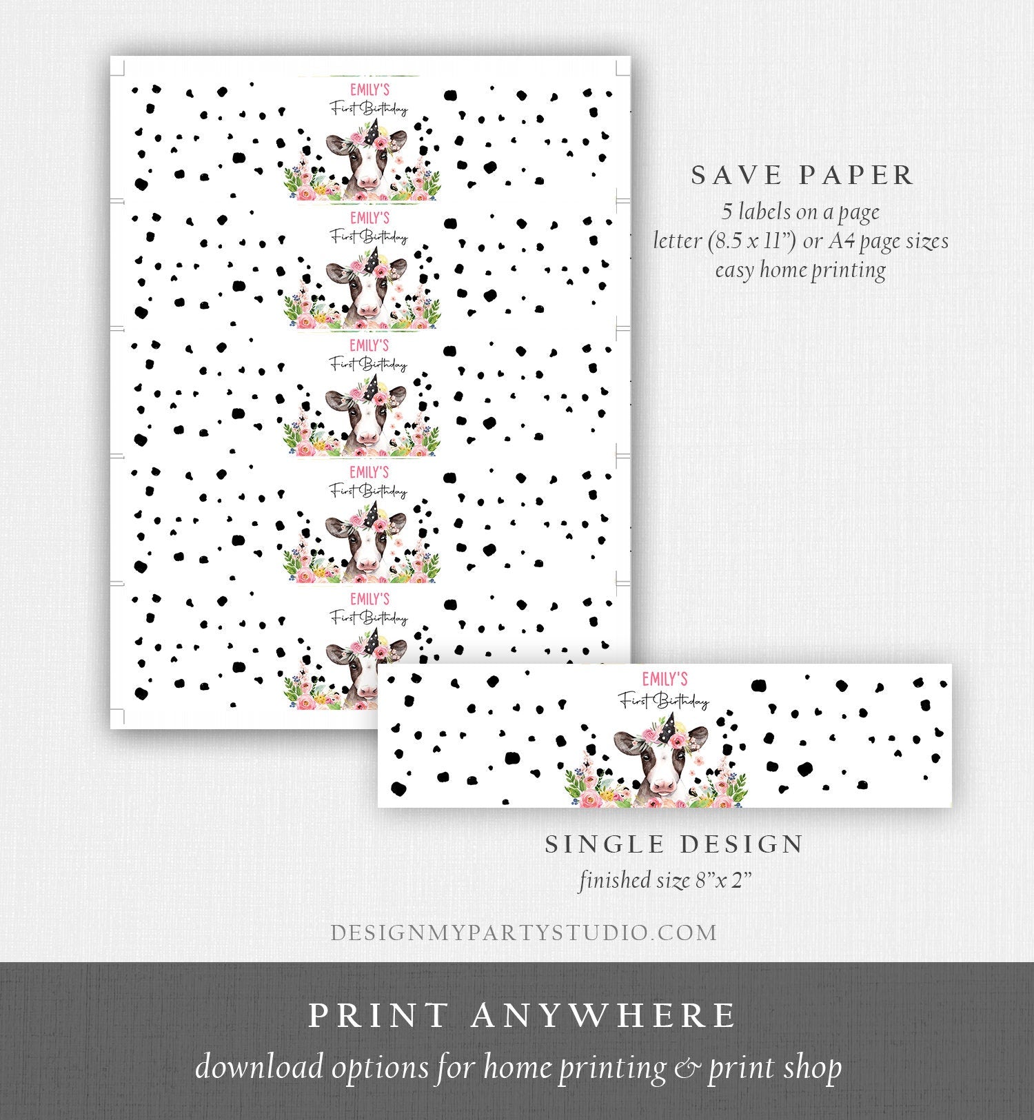 Editable Cow Water Bottle Labels Farm Animals Girl Birthday Barnyard Holy Cow Pink Floral One Printable Bottle Label Template Corjl 0434