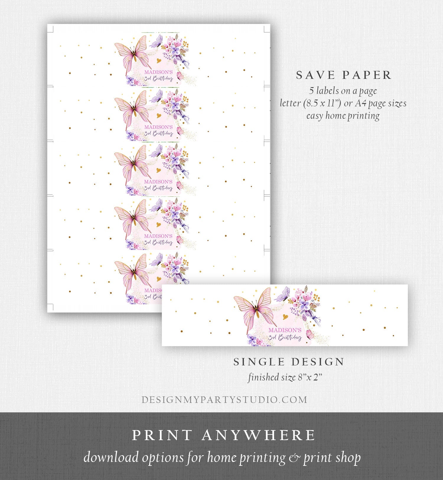 Editable Butterfly Water Bottle Label Girl Floral Butterfly Party Garden Pink Gold Purple Drink Label Download Printable Template Corjl 0437