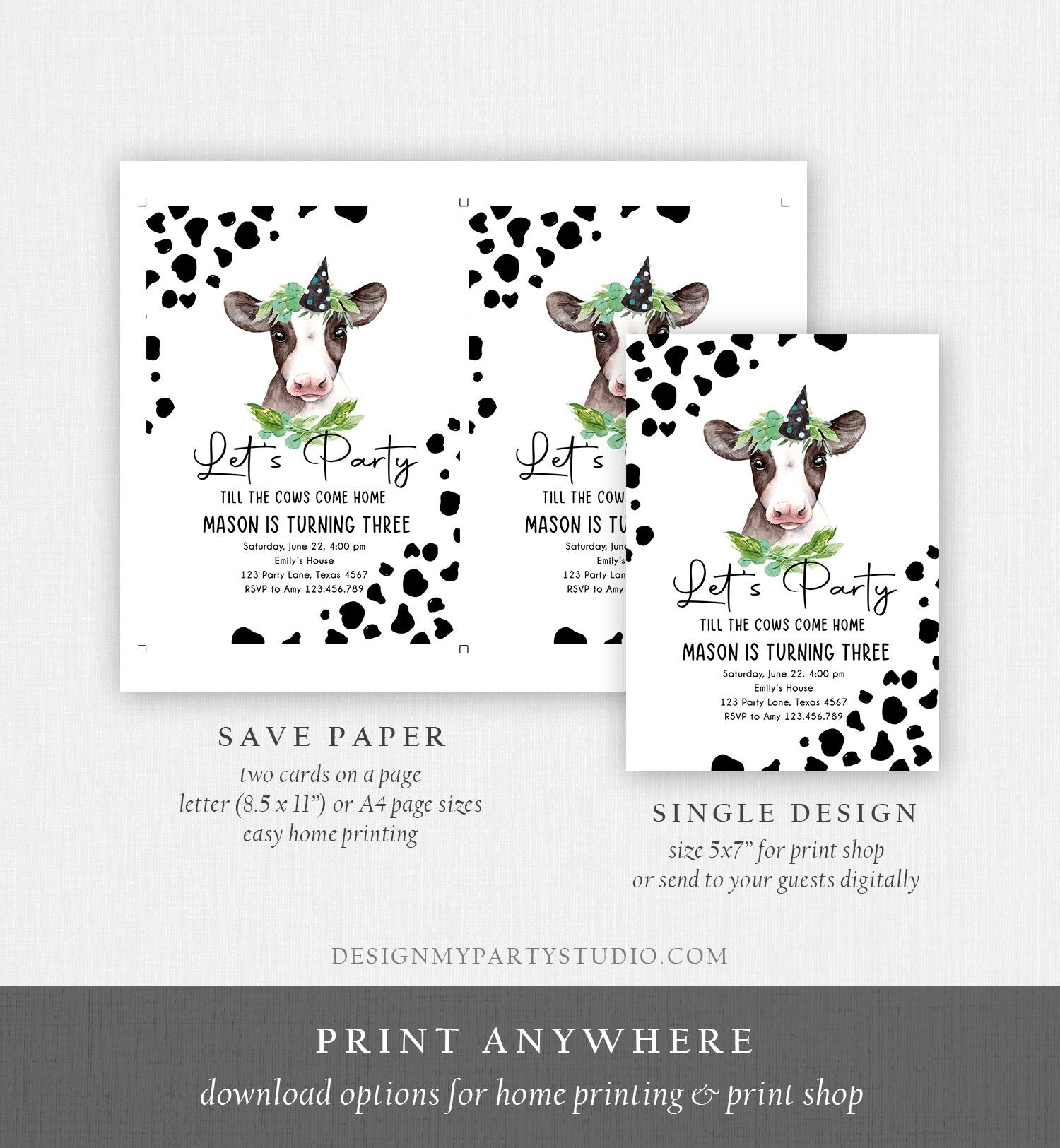Editable Cow Birthday Invitation Boy Farm Animals Let's Party Til The Cows Come Home Holy Cow 1st Download Printable Template Corjl 0434