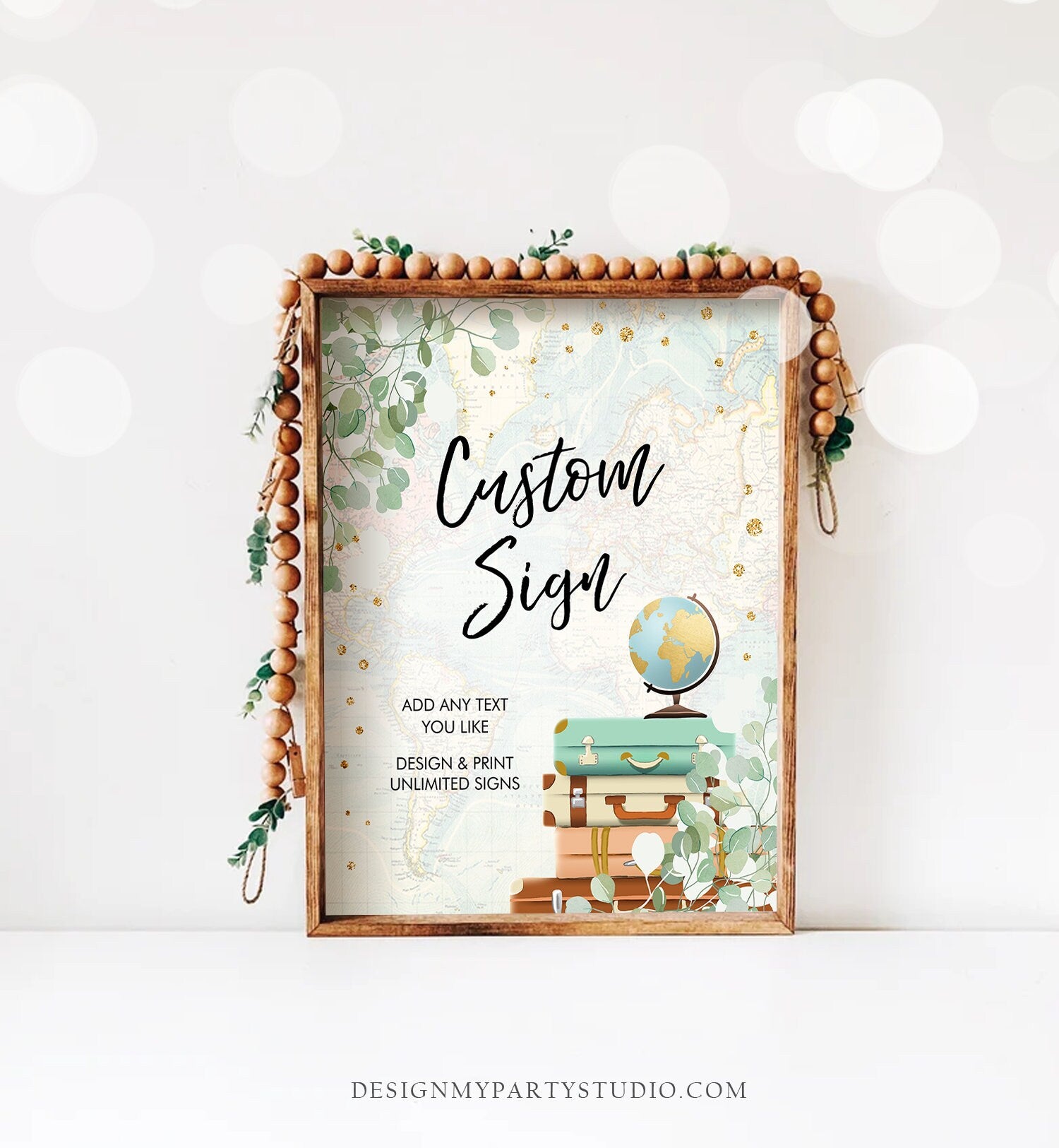 Editable Custom Sign Eucalyptus Travel Adventure Bridal Shower Traveling to Mrs Flowers Greenery Gold Confetti Corjl Template PRINTABLE 0030