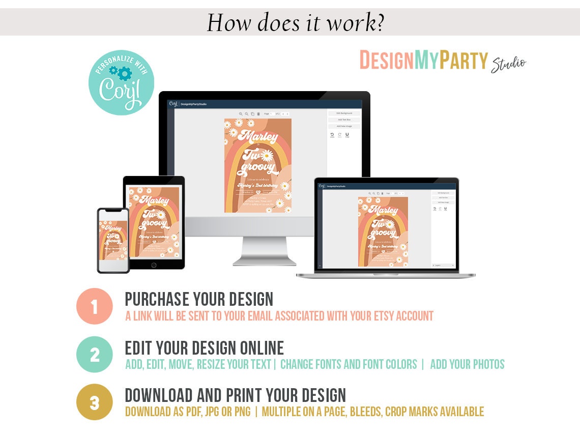 Two Groovy Birthday Invitation Bundle 2nd Birthday Boho Kit Retro Rainbow Party Package Peace Love 70's Digital Template Printable 0428