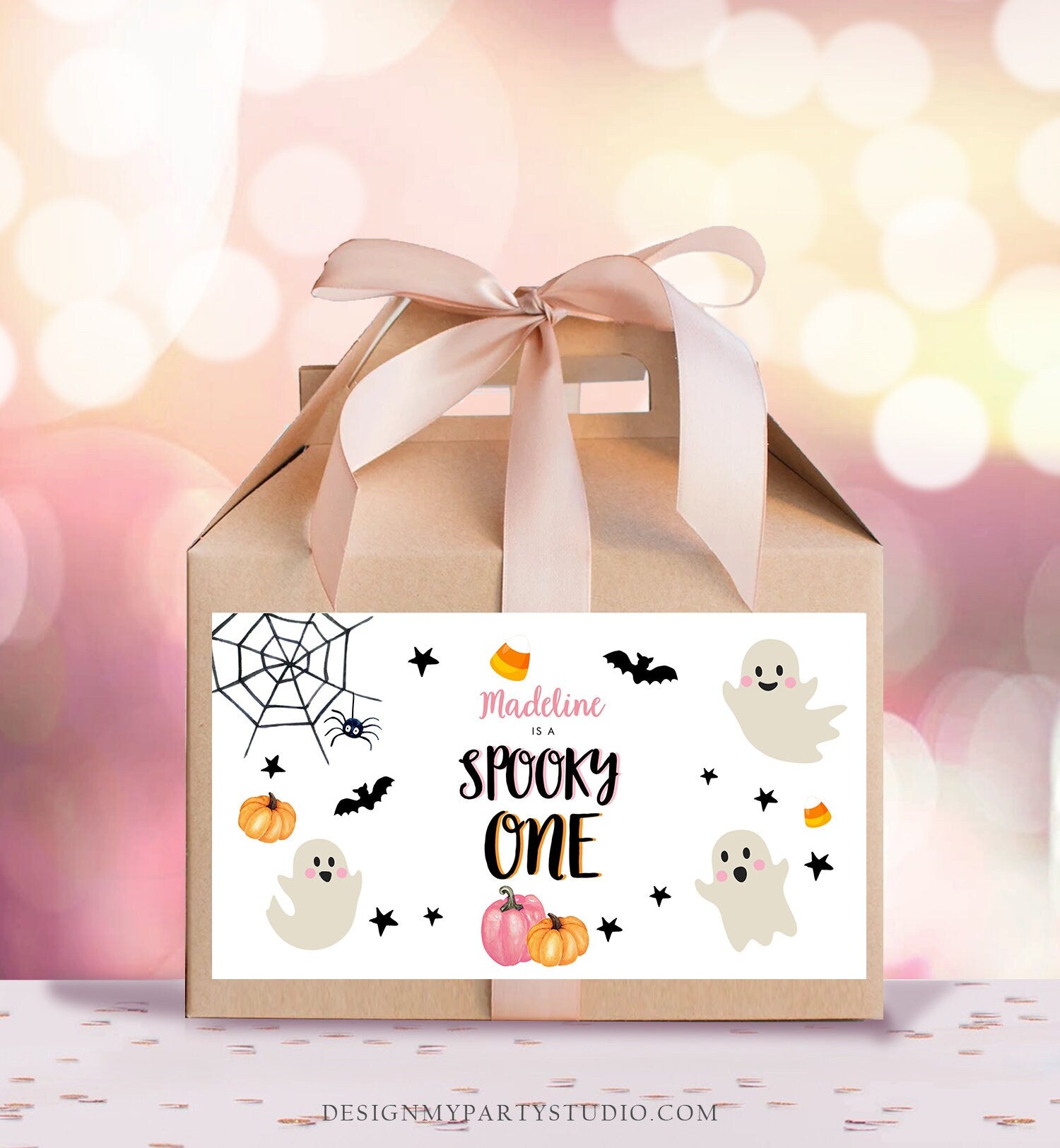 Editable Pink Halloween Gable Box Favor Label Halloween Gift Box Label Spooky One Pink Ghost 1st Birthday Download Printable Corjl 0418