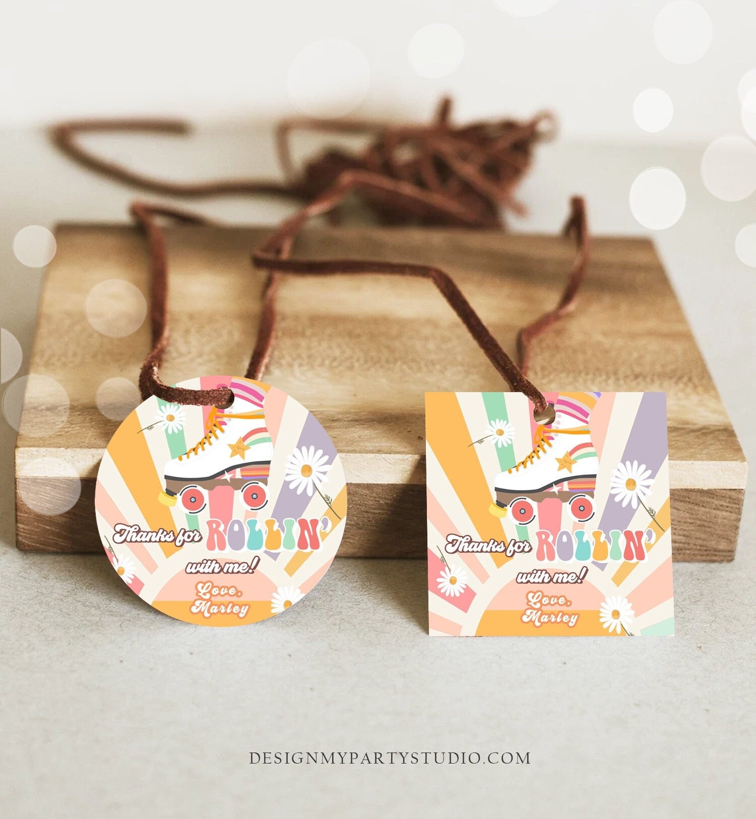 Editable Roller Skating Favor Tag Roller Skate Birthday Thank You Stickers Retro Skate Party DIsco Download Printable Corjl Template 0435