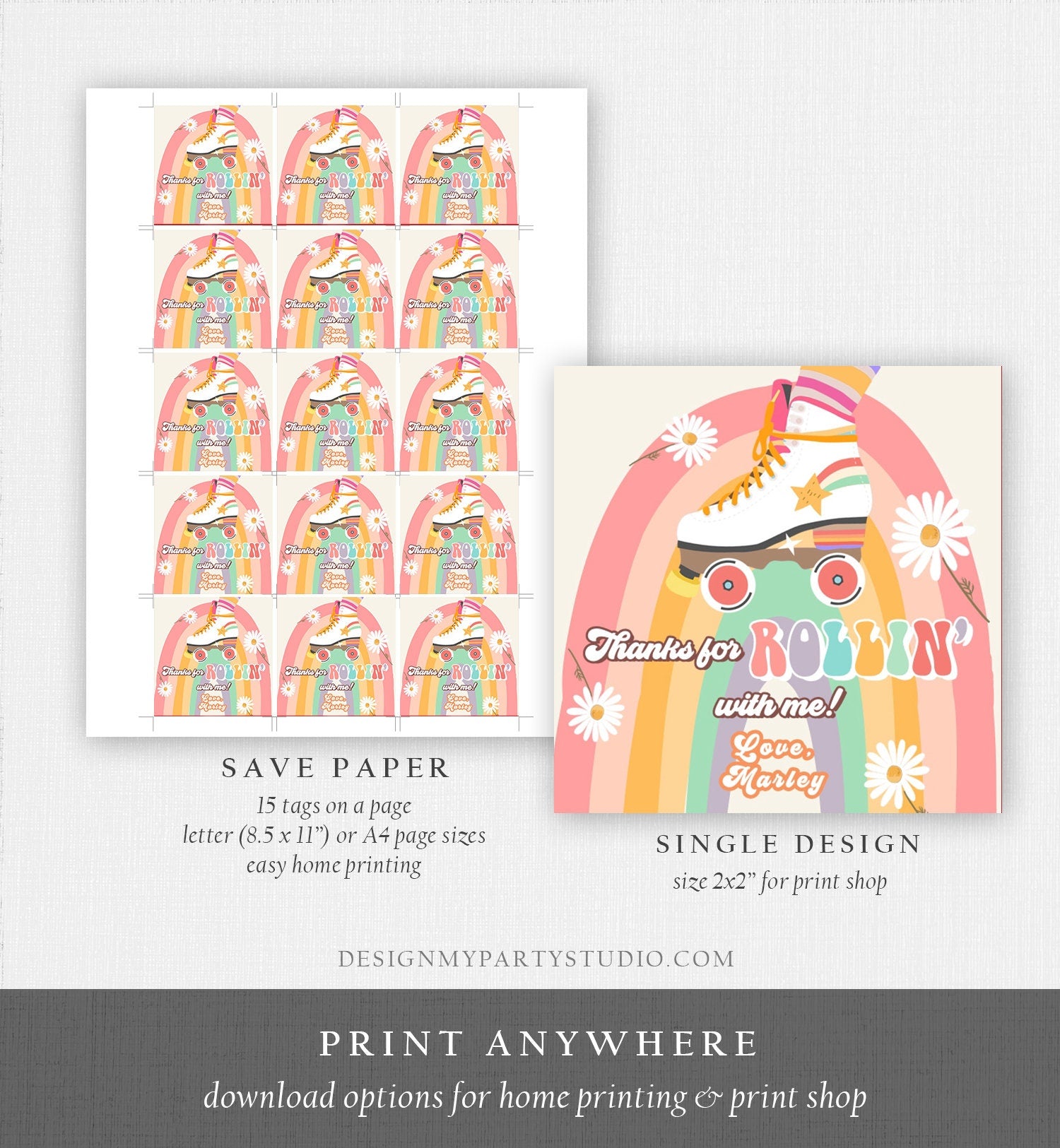 Editable Roller Skating Favor Tag Roller Skate Birthday Thank You Stickers Retro Skate Party DIsco Download Printable Corjl Template 0435