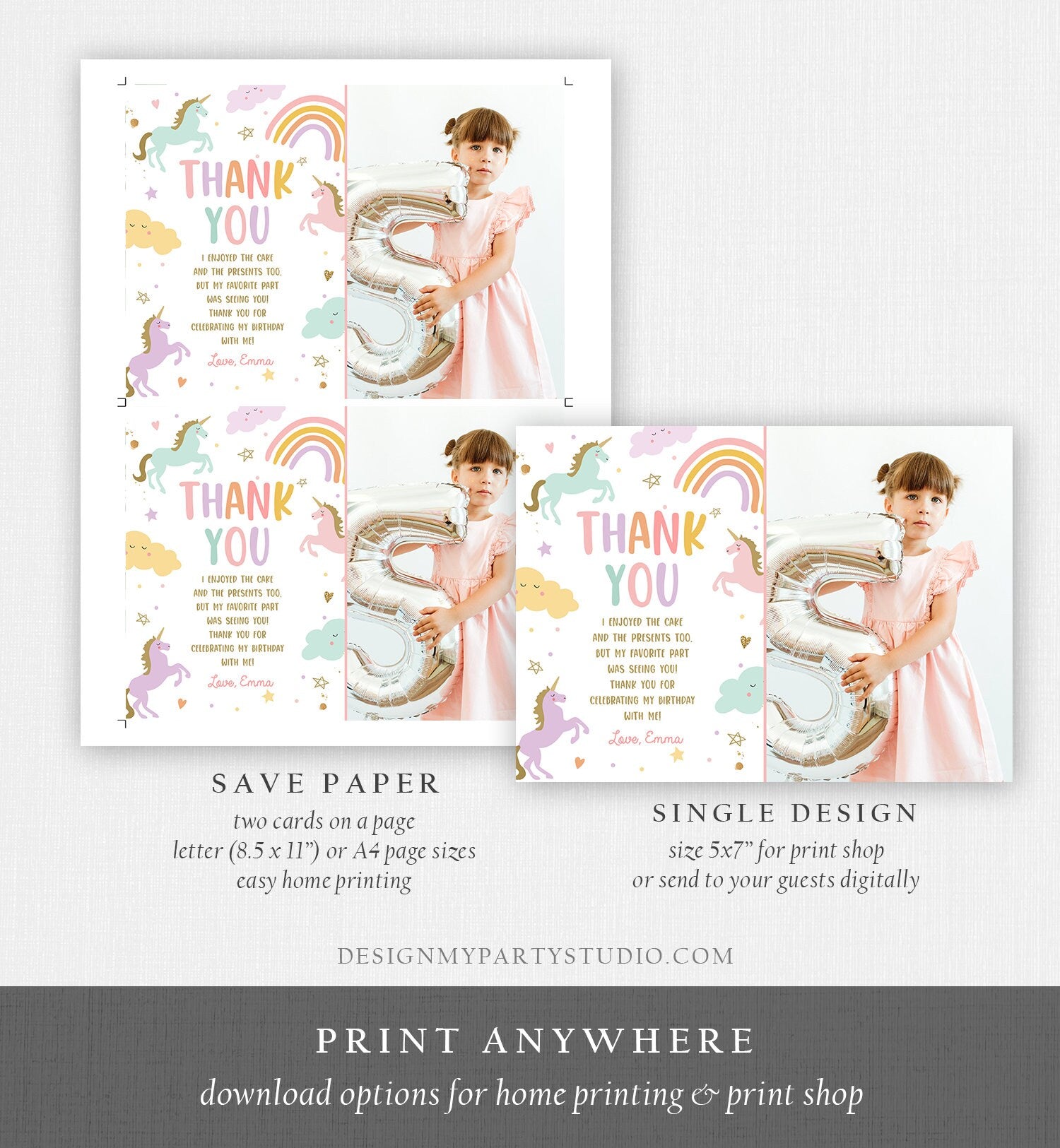 Editable Unicorn Thank You Card Magical Party Birthday Girl Pink Pastel First Digital Unicorn Party Template Rainbow Download Corjl 0426
