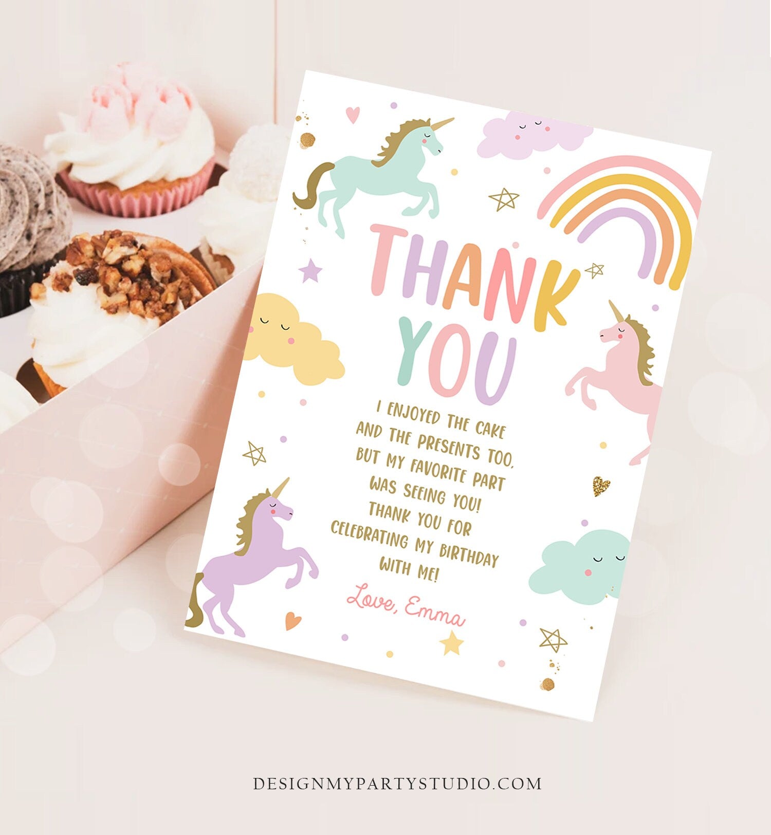 Editable Unicorn Thank You Card Magical Party Birthday Girl Pink Pastel First Digital Unicorn Party Template Rainbow Download Printable 0426