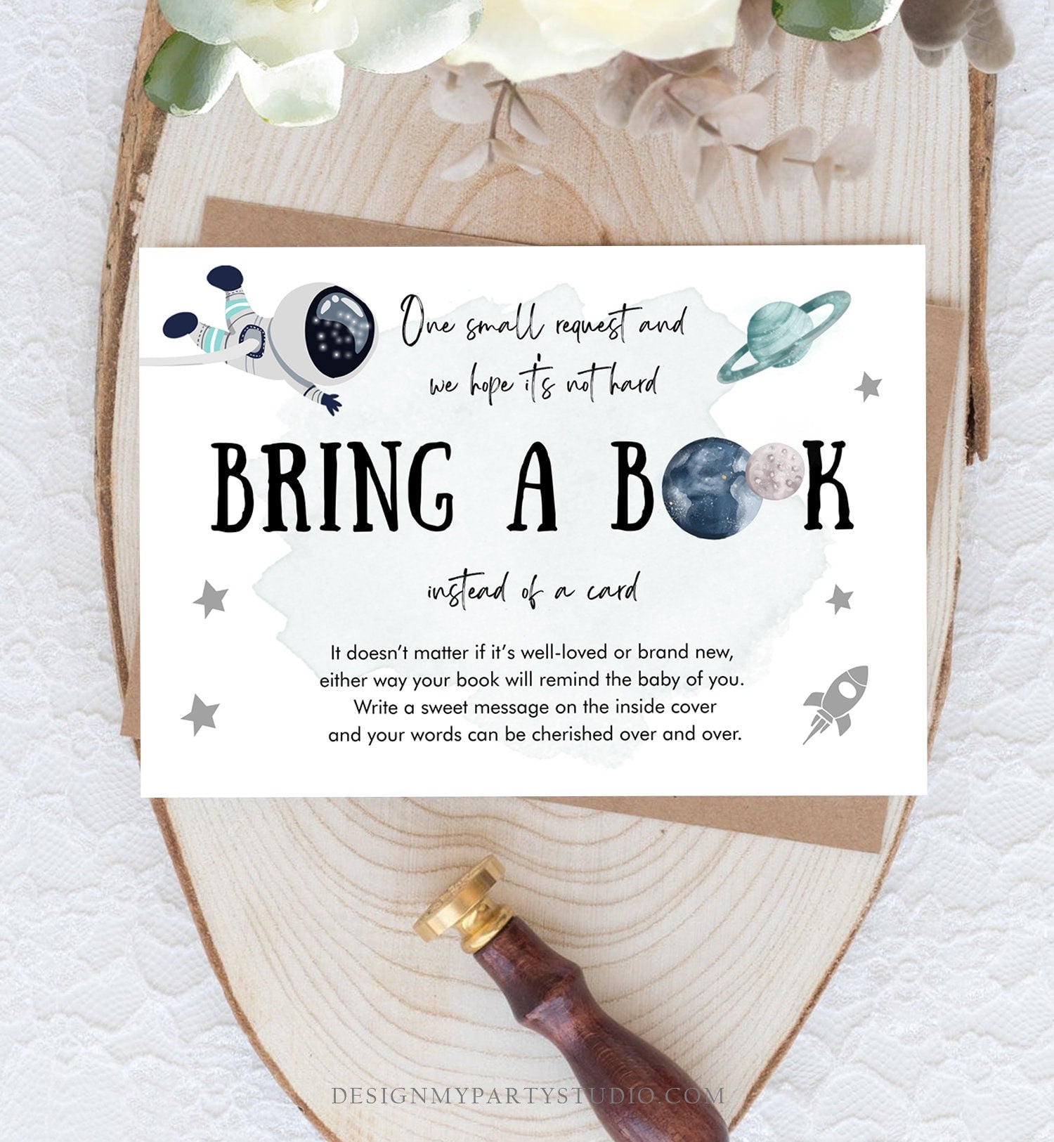 Editable Outer Space Astronaut Bring a Book Card Baby Shower Space Galaxy Watercolor Baby Boy Blue Rocket Book Insert Corjl Template 0366