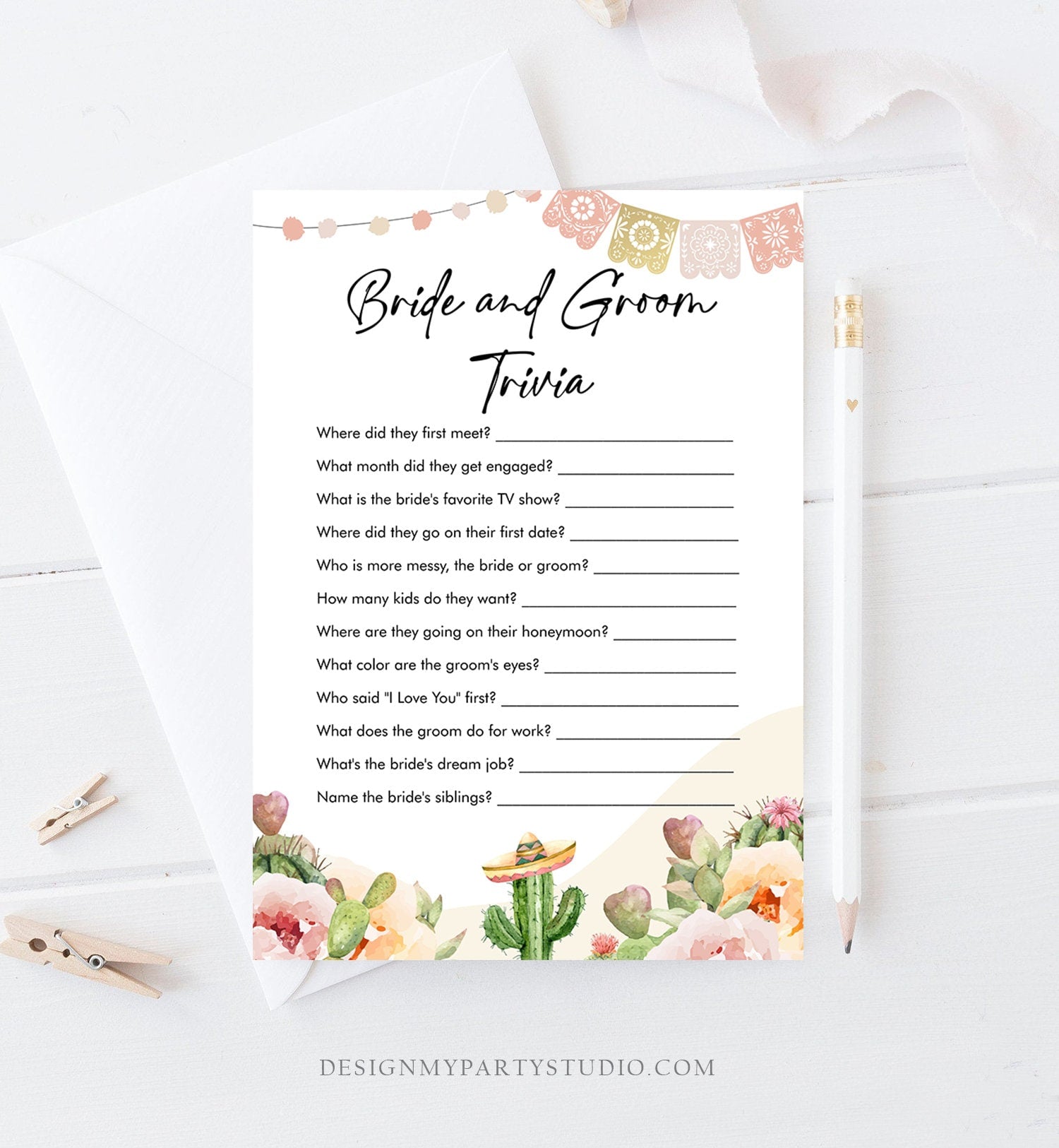 Editable Bride and Groom Trivia Bridal Shower Game Cactus Fiesta Mexican Coed Shower Games Wedding Activity Corjl Template Printable 0419