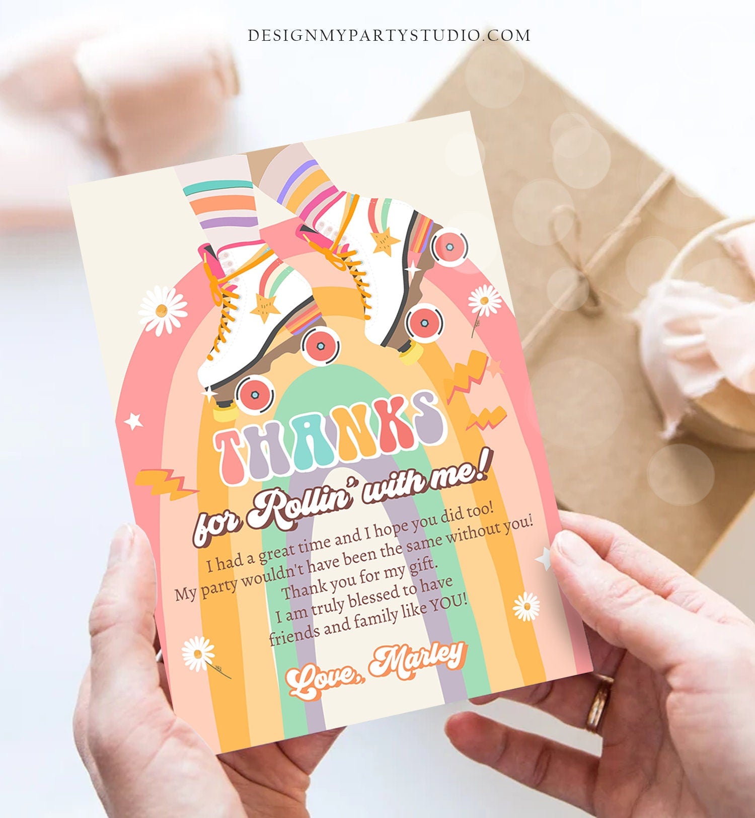 Editable Retro Roller Skate Birthday Thank You Card Let's Roll Skating Kids Rainbow 70's Skate Thanks Download Template Corjl Digital 0435