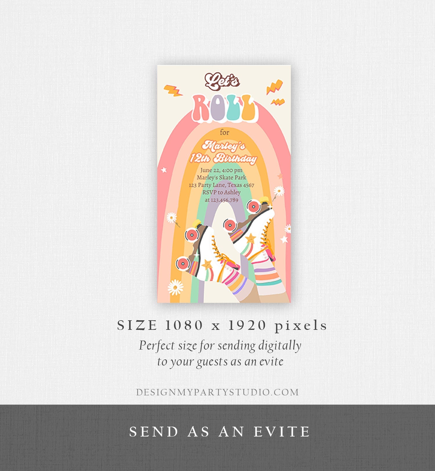 Editable Retro Roller Skating Birthday Party Evite Groovy Skating Kids Flower Power Rainbow Electronic Digital Invitation Template 0435
