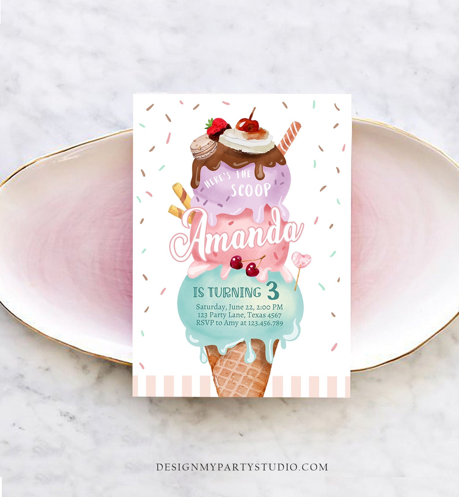 Editable Ice Cream Birthday Invitation Here's the Scoop Invite Cone Ice Cream Party 1st Pink Mint Purple Printable Template Corjl 0392