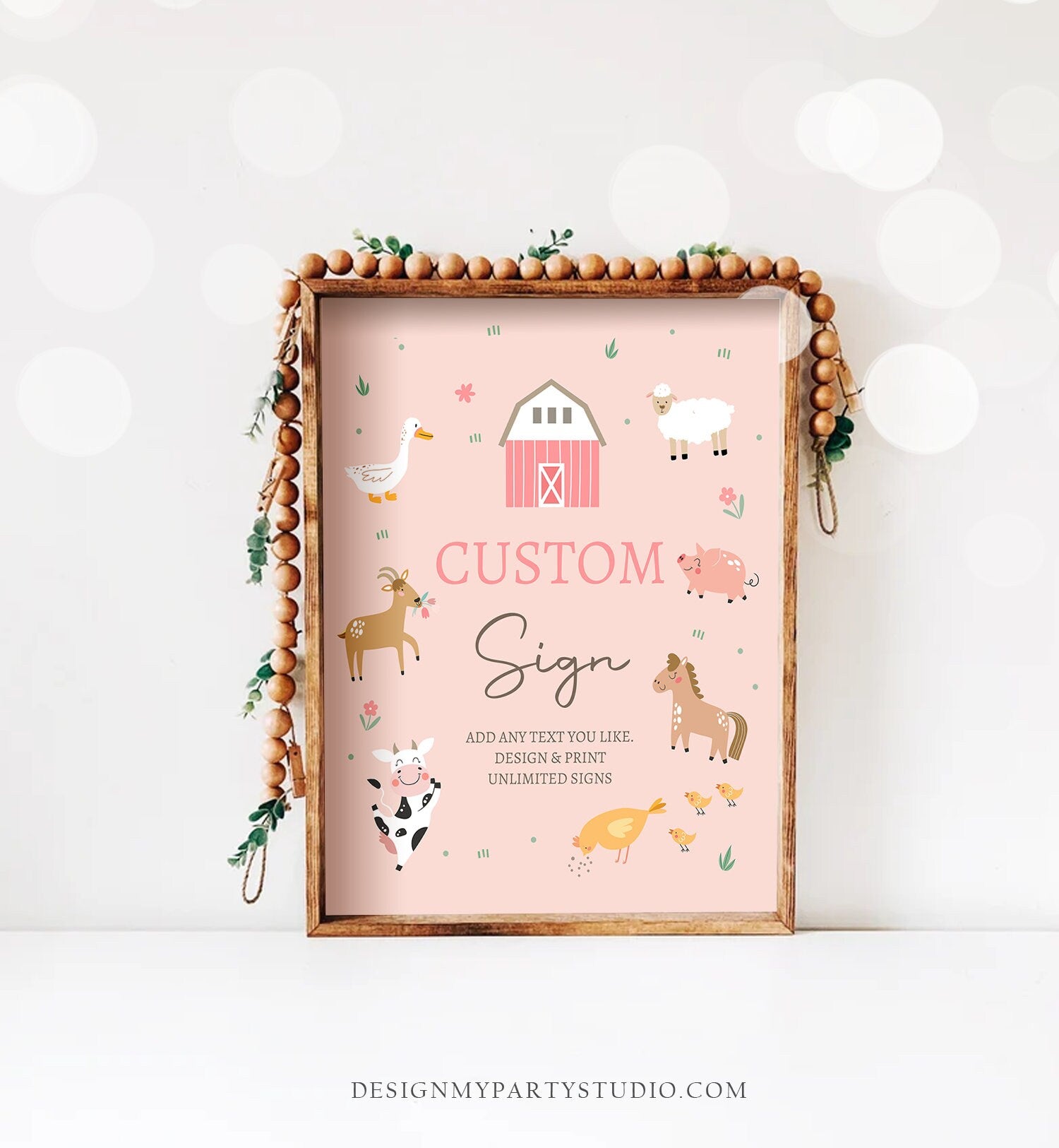 Editable Custom Sign Farm Animals Sign Pink Barnyard Birthday Decorations Girl Cow Pig Table Sign Digital Download Template Printable 0436