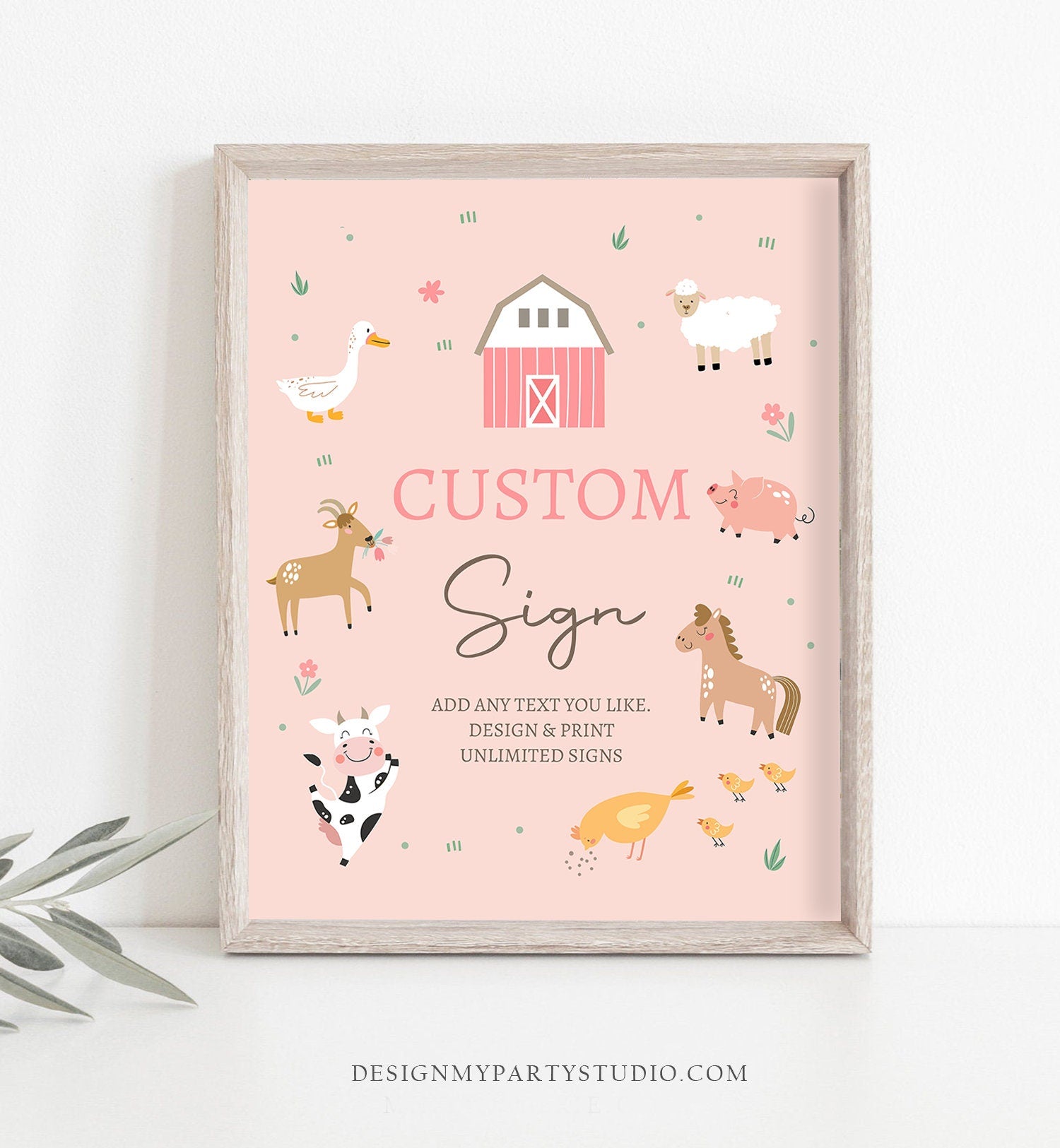 Editable Custom Sign Farm Animals Sign Pink Barnyard Birthday Decorations Girl Cow Pig Table Sign Digital Download Template Printable 0436
