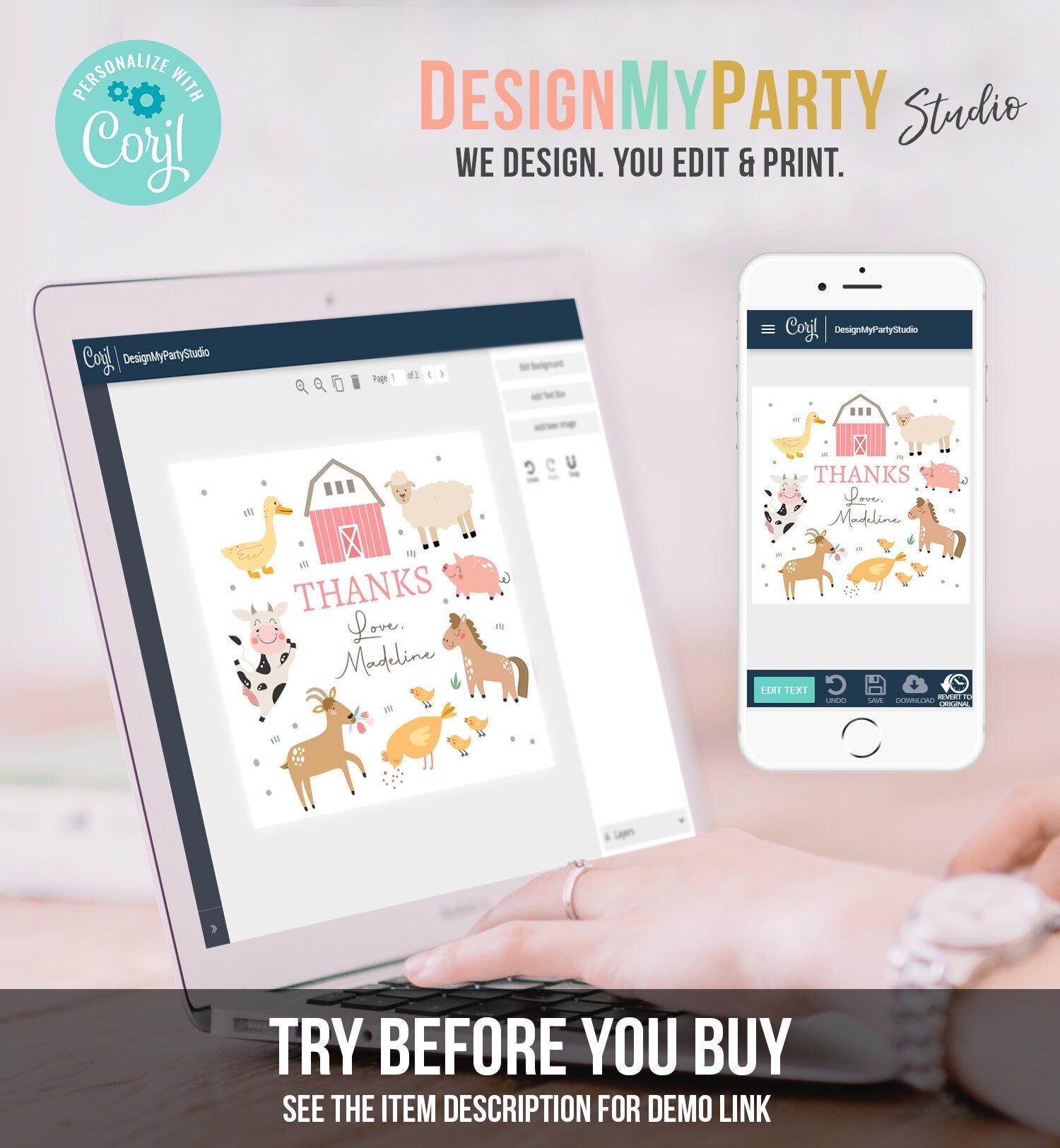 Editable Pink Farm Animals Thank You Favor Tag Girl Birthday Barnyard Stickers Decor Pink Favor Cow Pig Digital Template Printable 0436