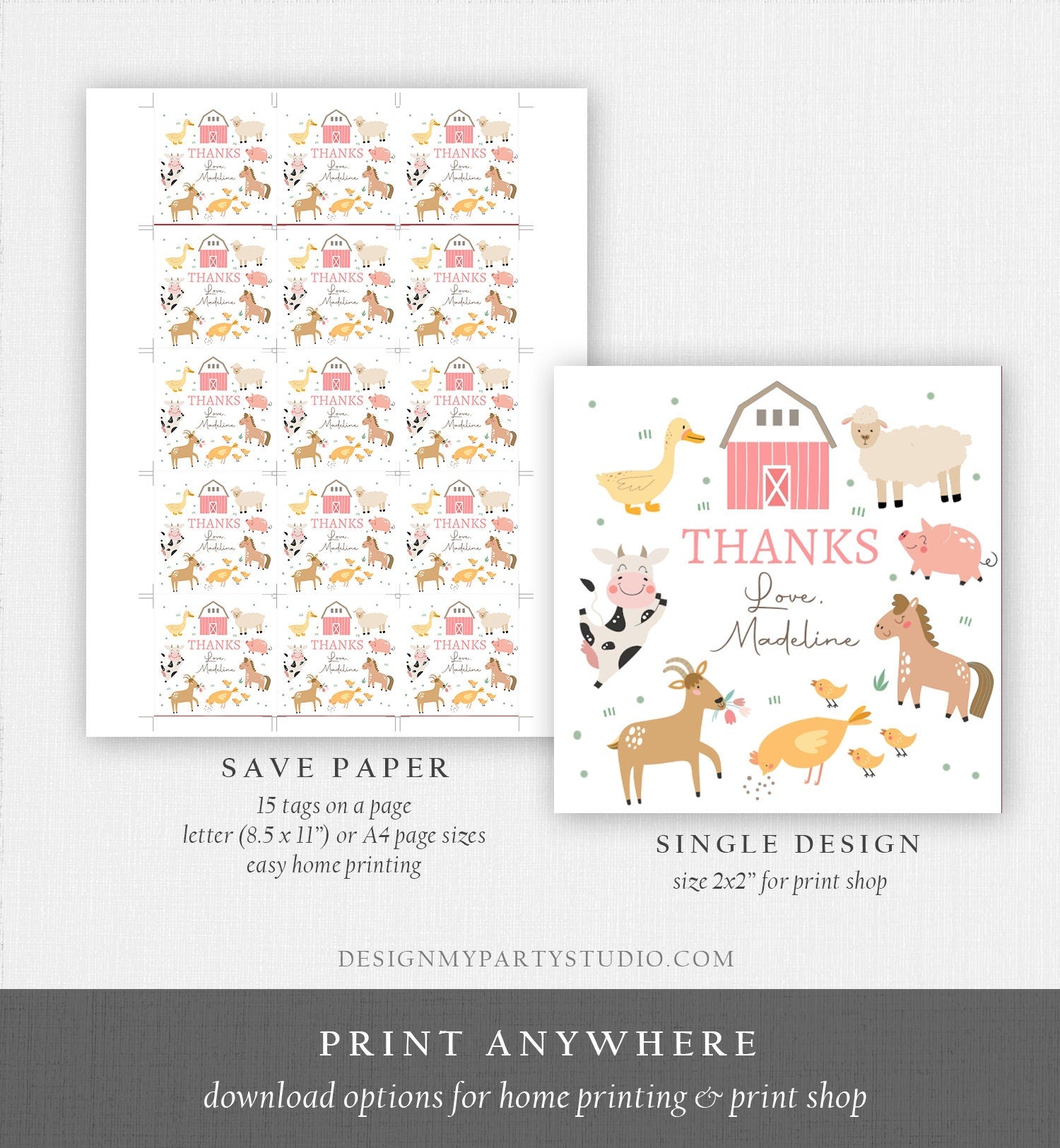 Editable Pink Farm Animals Thank You Favor Tag Girl Birthday Barnyard Stickers Decor Pink Favor Cow Pig Digital Template Printable 0436