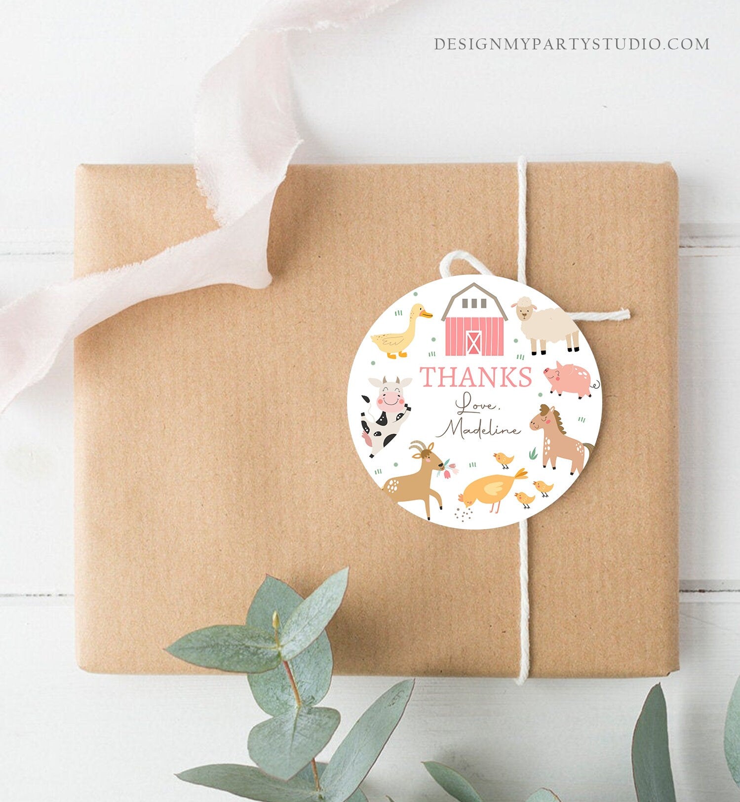 Editable Pink Farm Animals Thank You Favor Tag Girl Birthday Barnyard Stickers Decor Pink Favor Cow Pig Digital Template Printable 0436