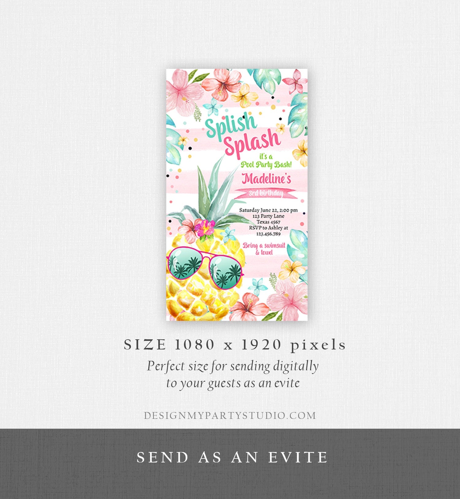 Editable Hawaiian Luau Birthday Evite Pineapple Birthday Pool Party Pink Girl Electronic Phone Digital Download Template Printable 0391