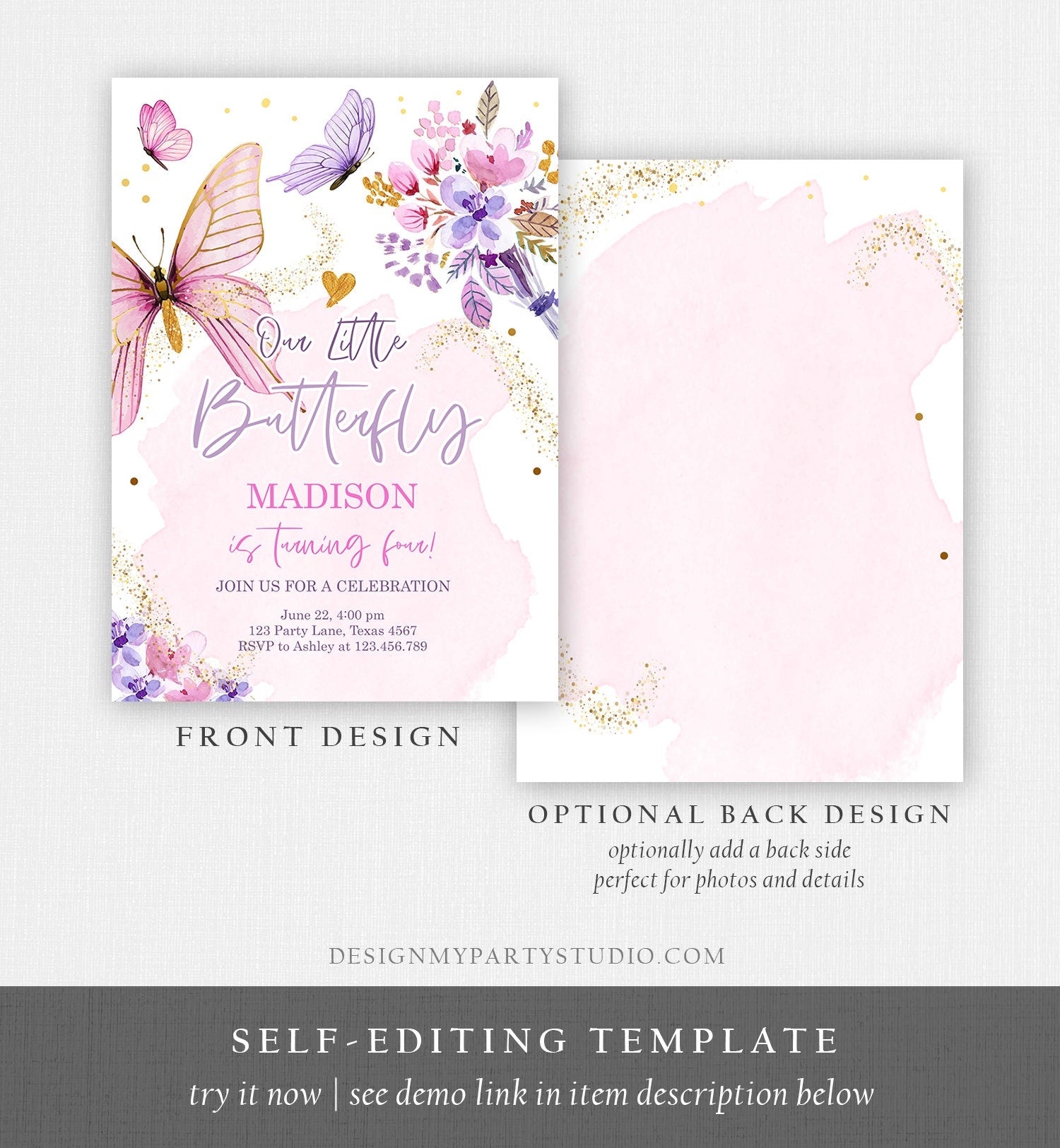 Editable Butterfly Birthday Invitation Girl Purple Butterfly Invite 1st Birthday Party Floral Pink Digital Download Template Printable 0437