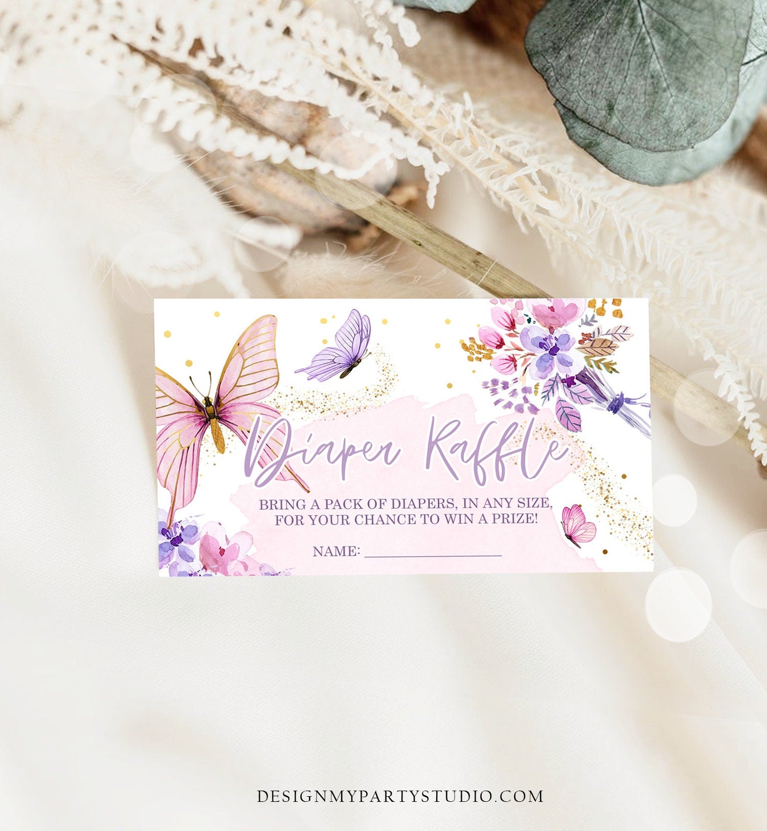 Editable Butterfly Diaper Raffle Ticket Little Butterfly Baby Shower Floral Butterflies Girl Pink Gold Purple Template PRINTABLE Corjl 0437