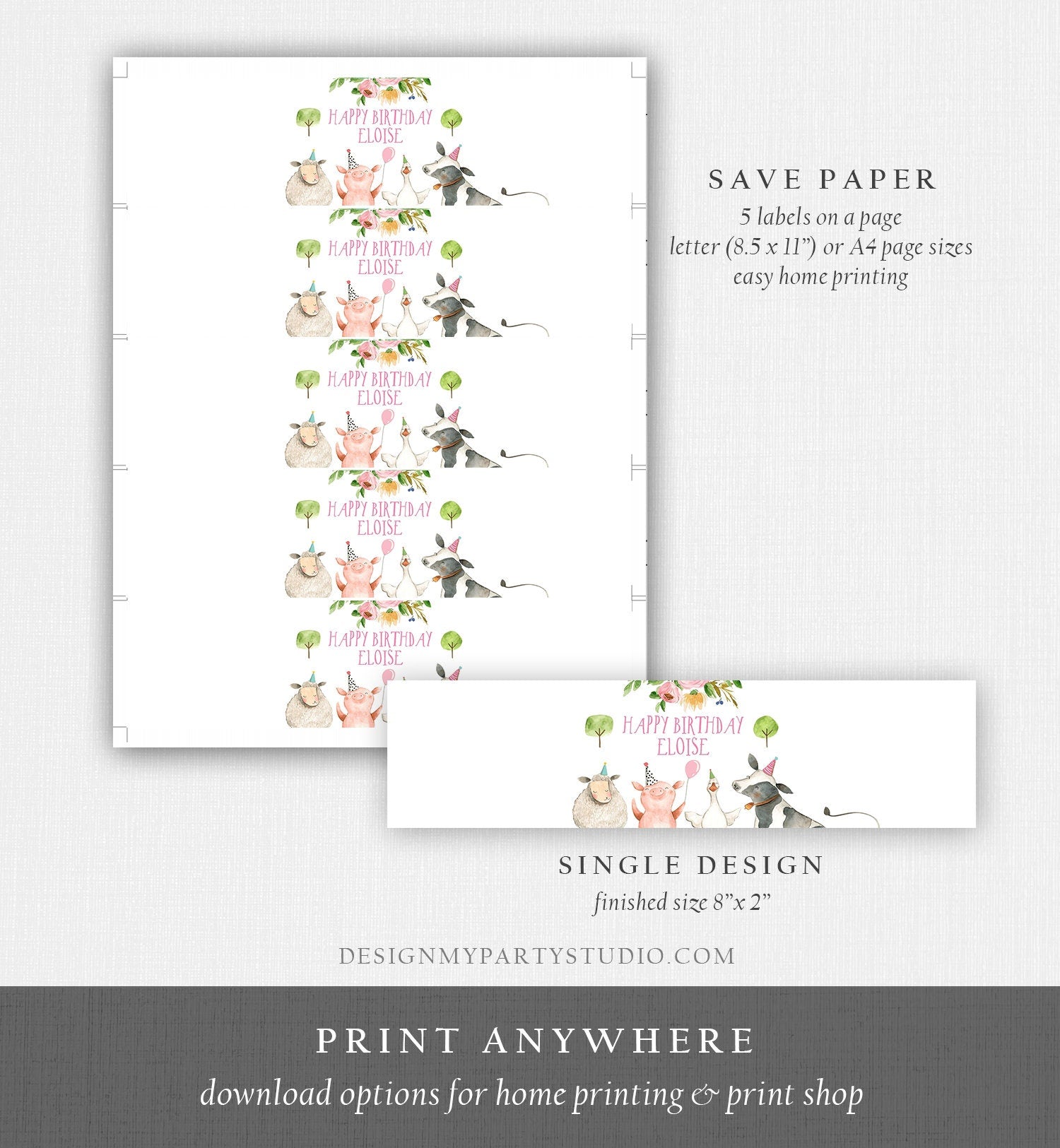 Editable Farm Animals Water Bottle Label Girl Birthday Barnyard Farm Birthday Decor Cow Pig Party Animals Digital Template Printable 0155