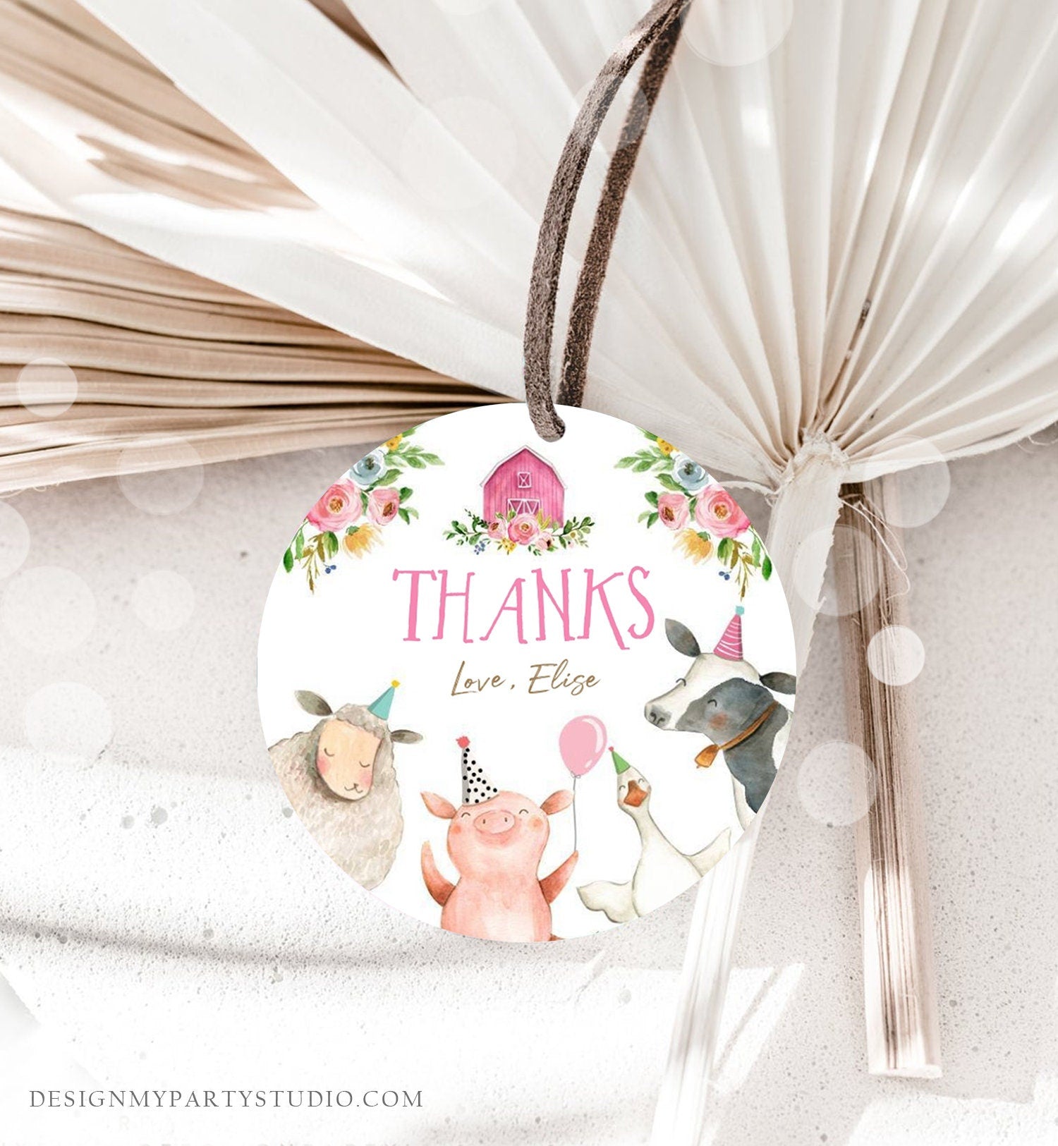Editable Pink Farm Animals Thank you Tags Girl Birthday Barnyard Stickers Farm Birthday Decor Favor Tags Party Animals Digital Template 0155