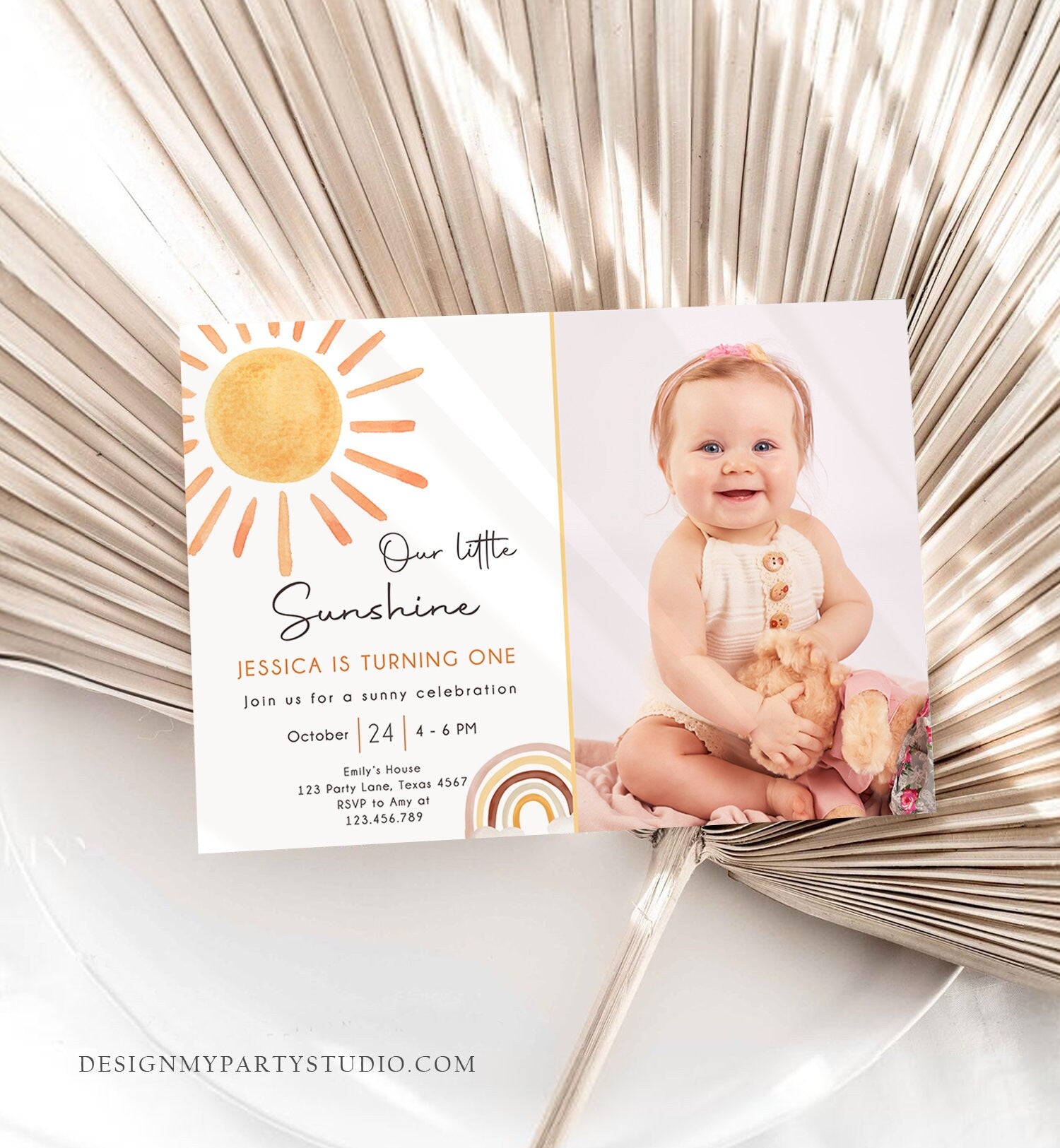 Editable Our Little Sunshine Birthday Invitation 1st Sunshine Birthday Party Neutral Boho Download Printable Template Digital Corjl 0431