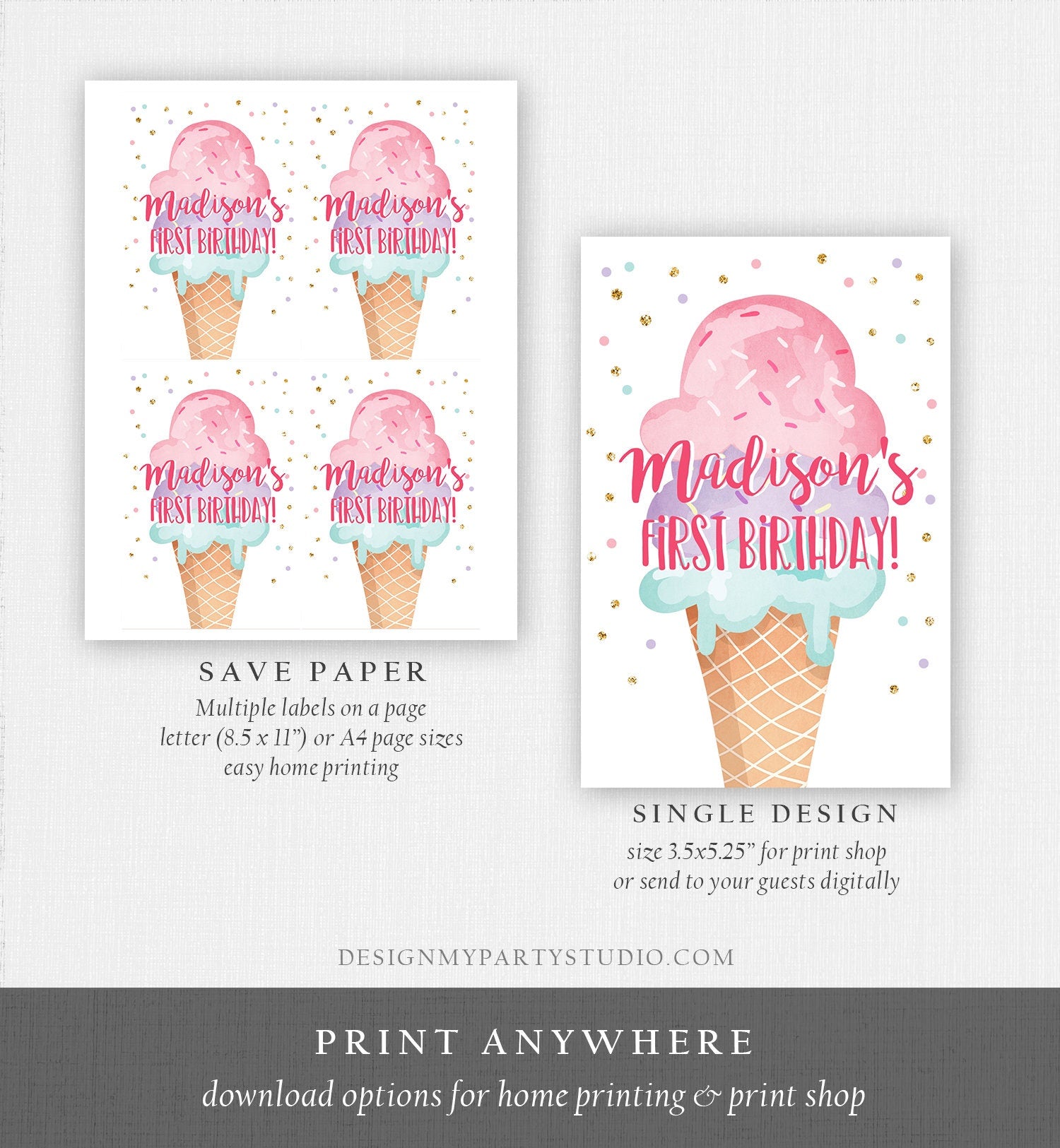 Editable Ice Cream Juice Pouch Label Juice Favors Ice Cream Birthday Party Girl Favors Scoop Digital Download Template Printable 0243