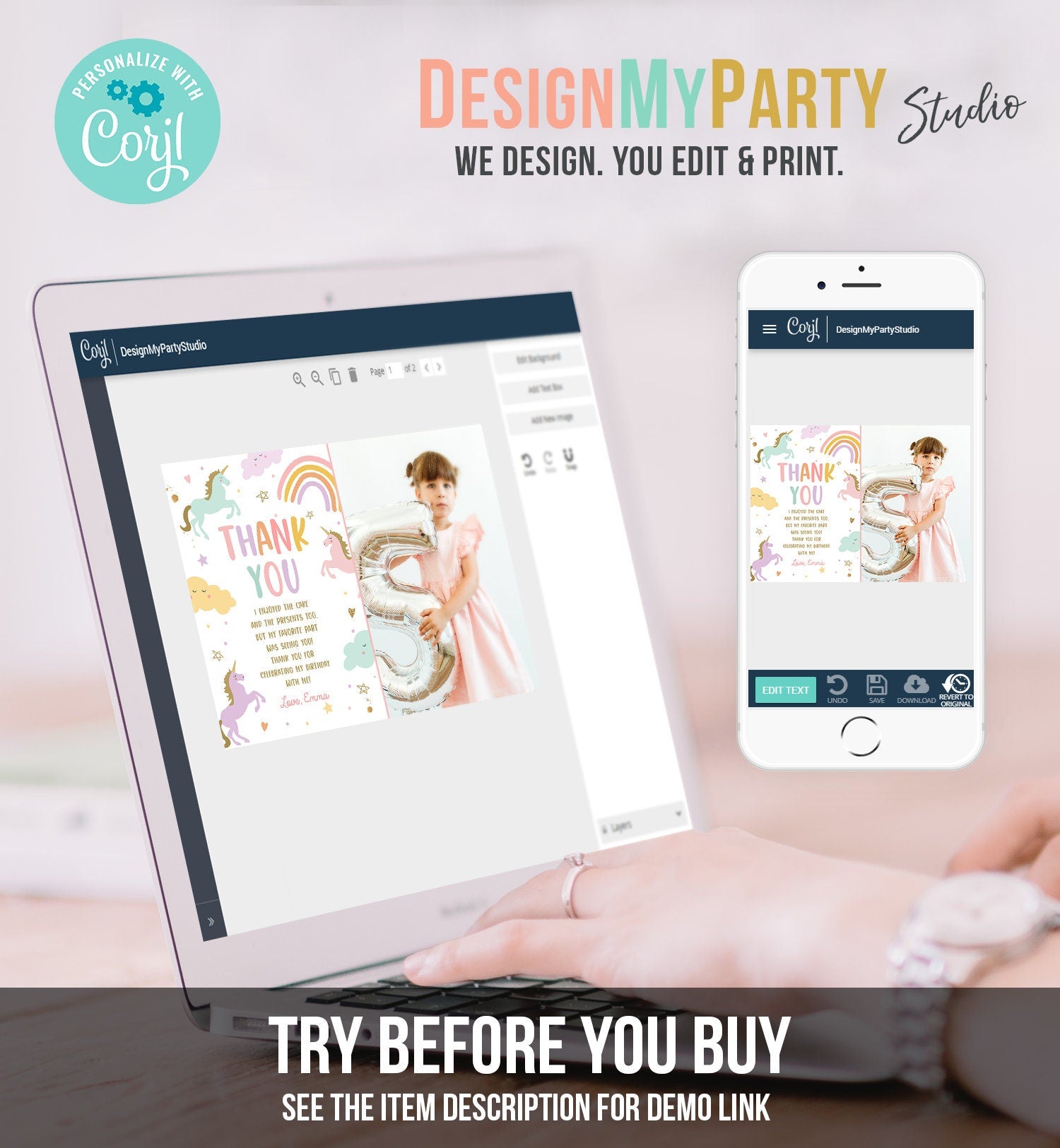 Editable Unicorn Thank You Card Magical Party Birthday Girl Pink Pastel First Digital Unicorn Party Template Rainbow Download Corjl 0426