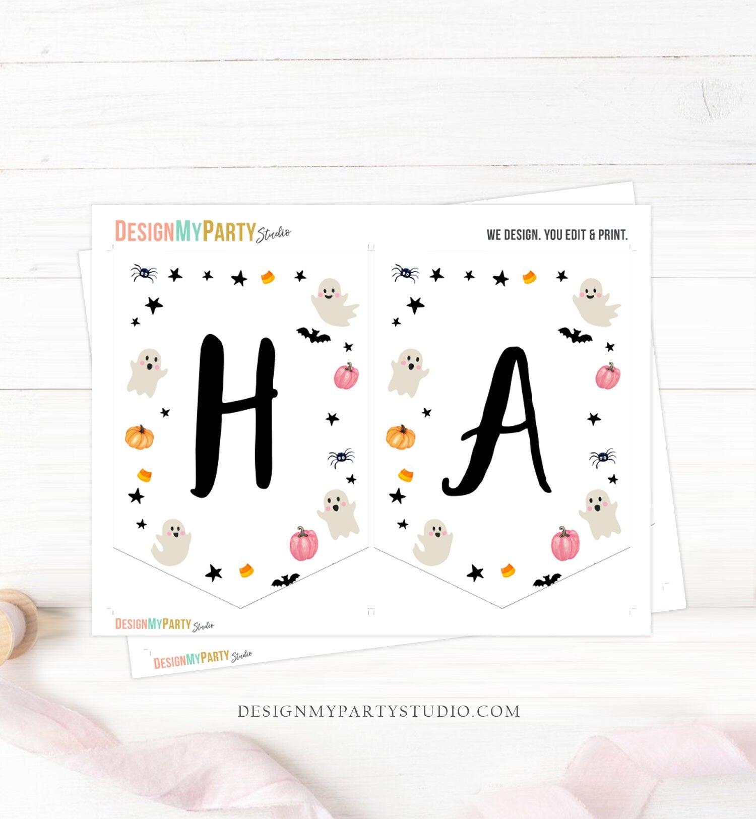 Happy Birthday Banner Halloween Birthday Banner Pink Ghost Birthday Party Halloween Decor Girl Pink 1st Download PRINTABLE DIGITAL DIY 0418