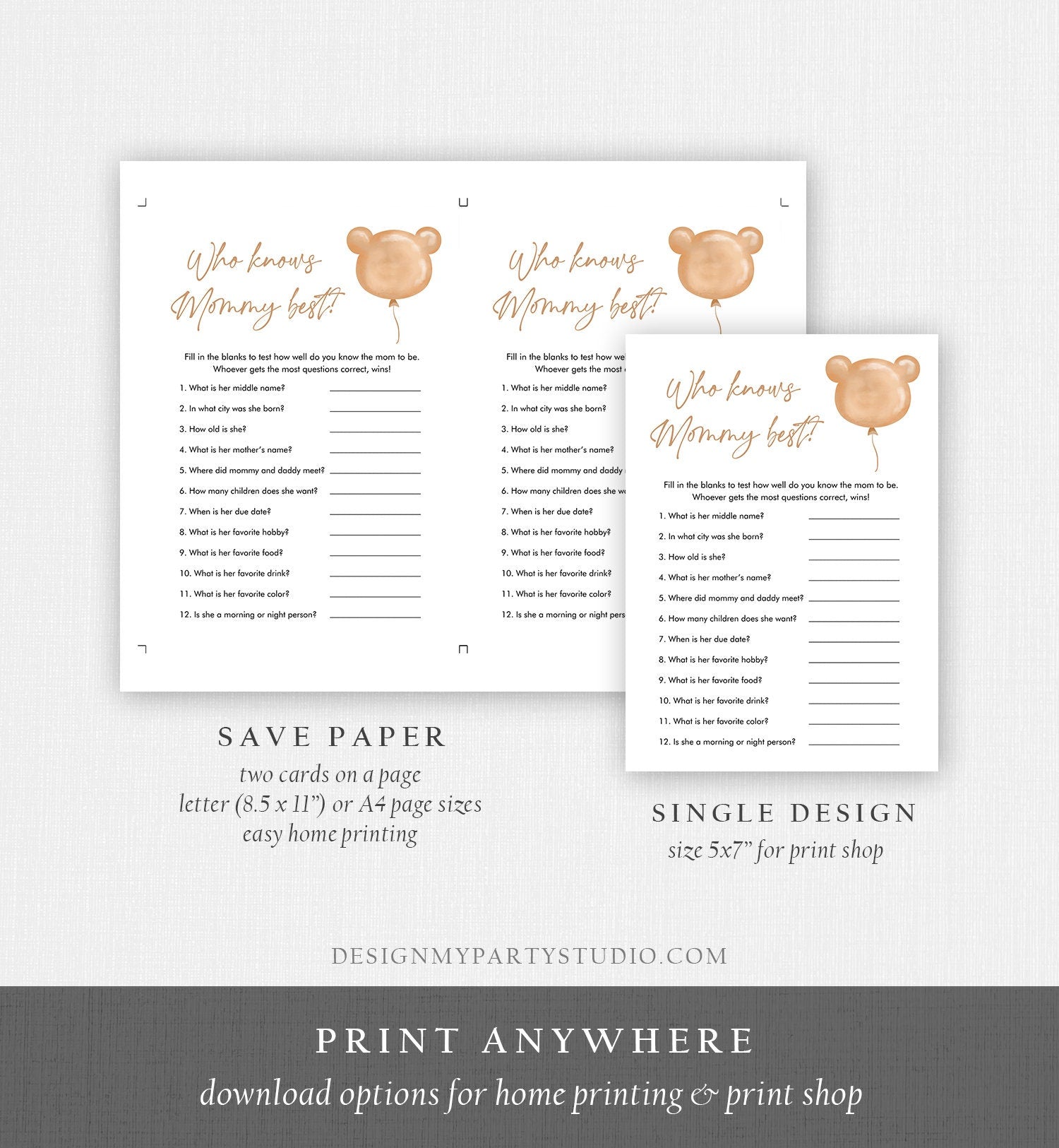 Editable Who Knows Mommy Best Baby Shower Game Modern Bear Cute Teddy Bear Baby Shower Boho Bearly Wait Game Digital Template Printable 0439