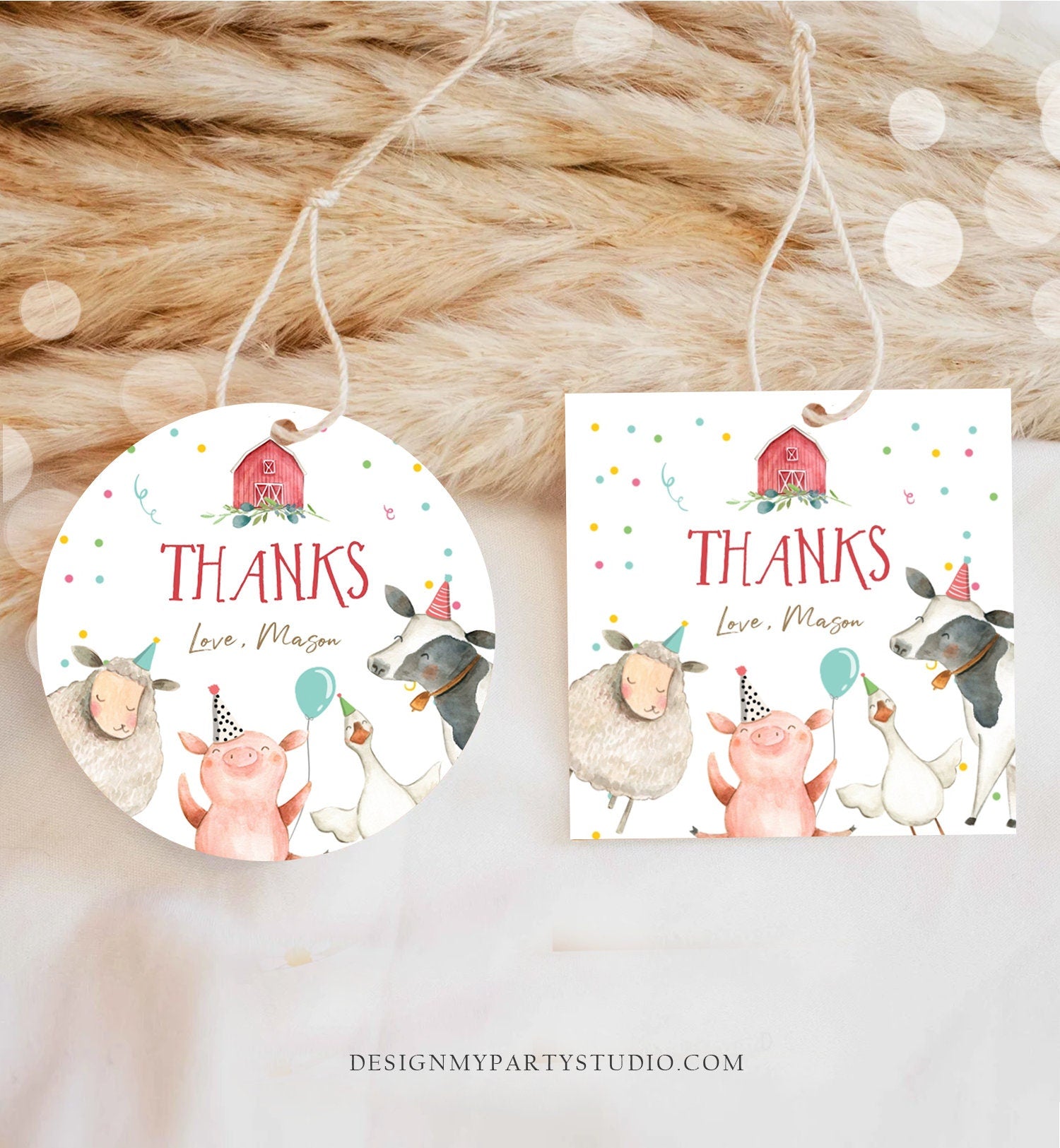 Editable Farm Animals Thank You Tags Boy Birthday Red Barn Barnyard Stickers Farm Birthday Decor Favor Tags Cow Confetti Template Corjl 0155