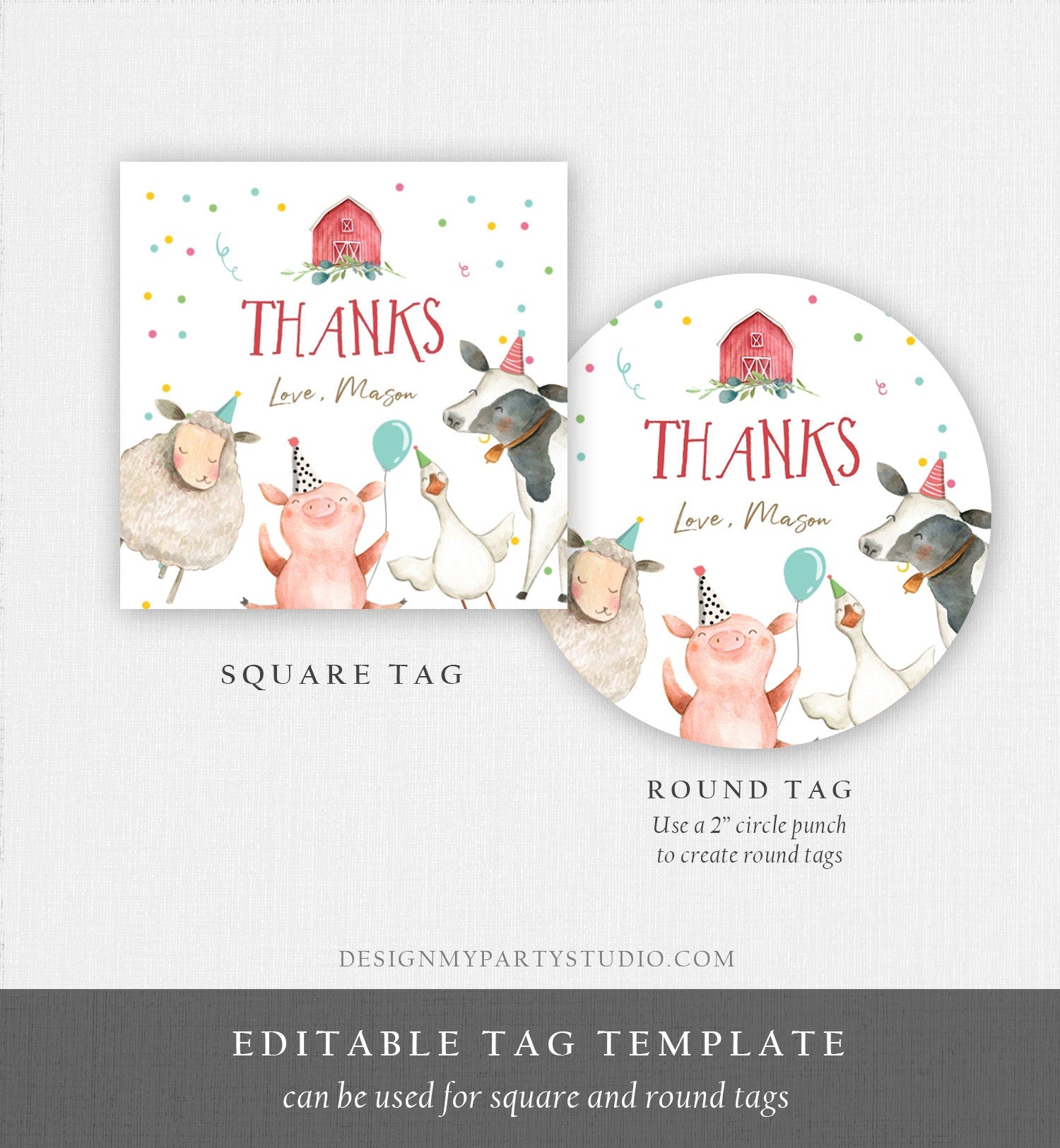 Editable Farm Animals Thank You Tags Boy Birthday Red Barn Barnyard Stickers Farm Birthday Decor Favor Tags Cow Confetti Template Corjl 0155