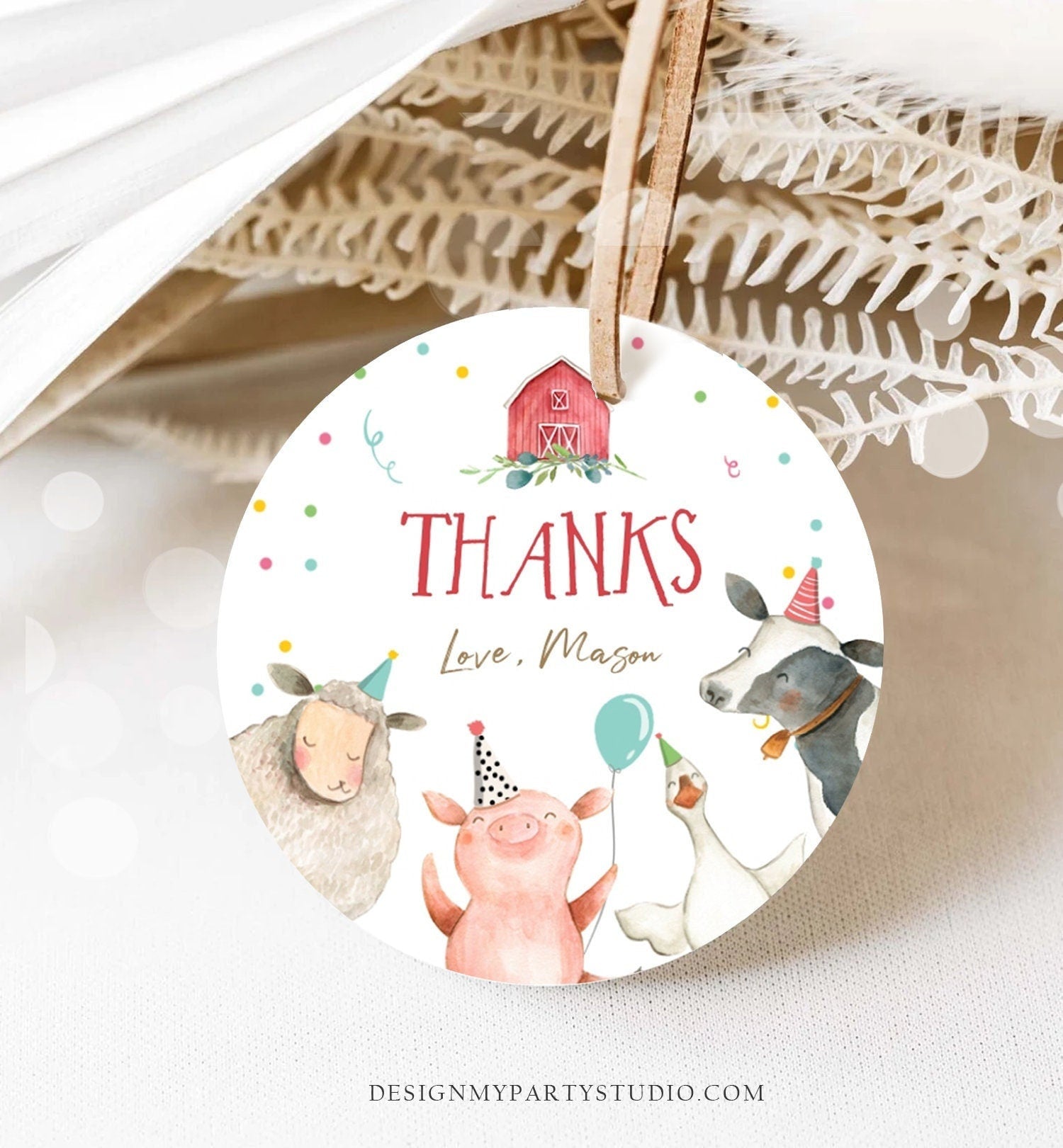 Editable Farm Animals Thank You Tags Boy Birthday Red Barn Barnyard Stickers Farm Birthday Decor Favor Tags Cow Confetti Template Corjl 0155