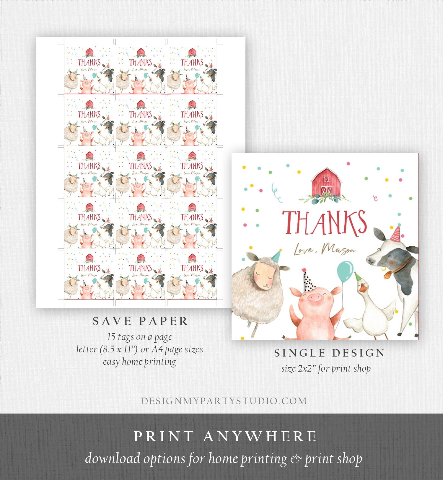 Editable Farm Animals Thank You Tags Boy Birthday Red Barn Barnyard Stickers Farm Birthday Decor Favor Tags Cow Confetti Template Corjl 0155