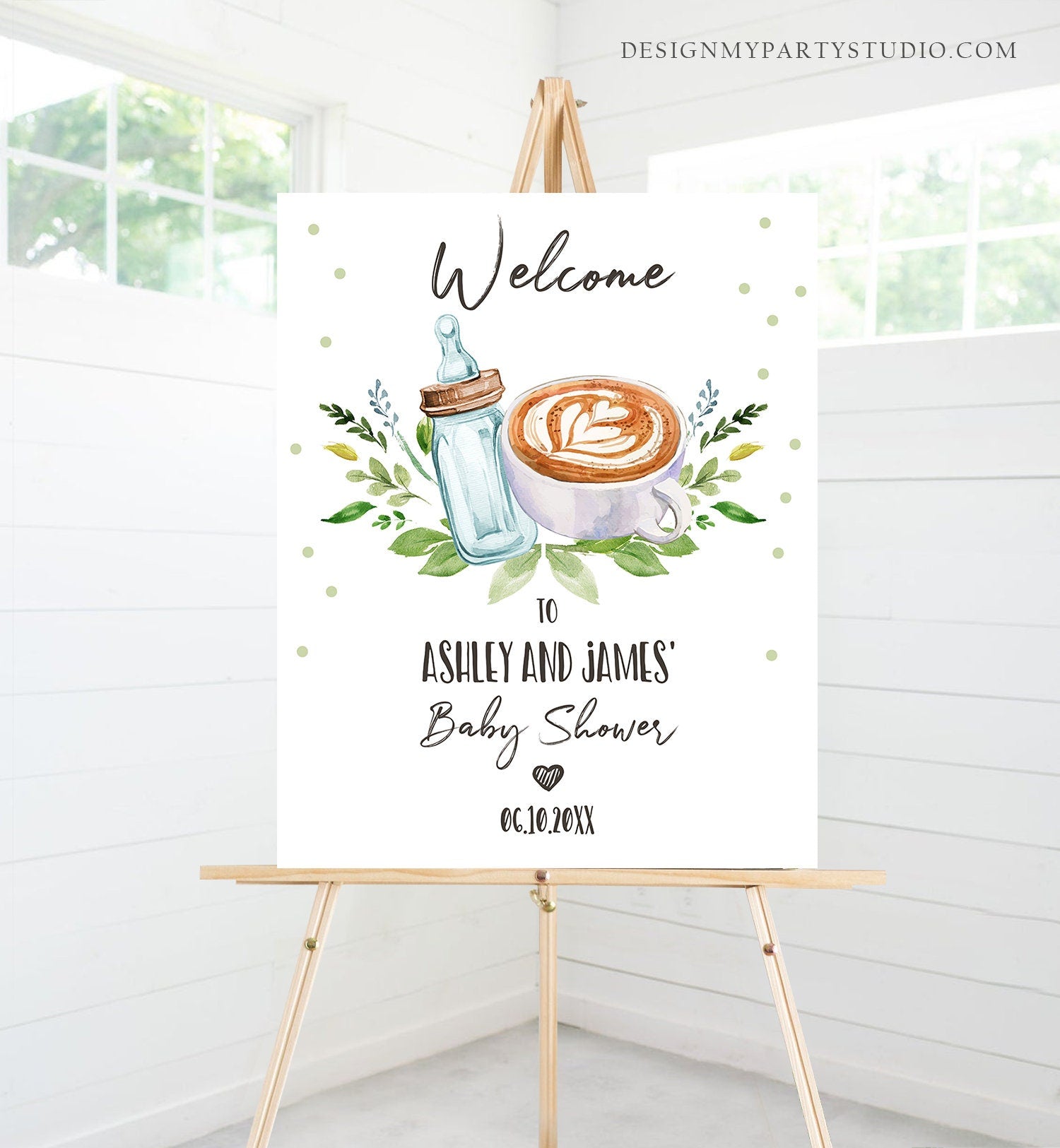 Editable A Baby is Brewing Welcome Sign Brewing Baby Shower Bottle and Beers Coed Couples Cappuccino Coffee Neutral Corjl Template 0190