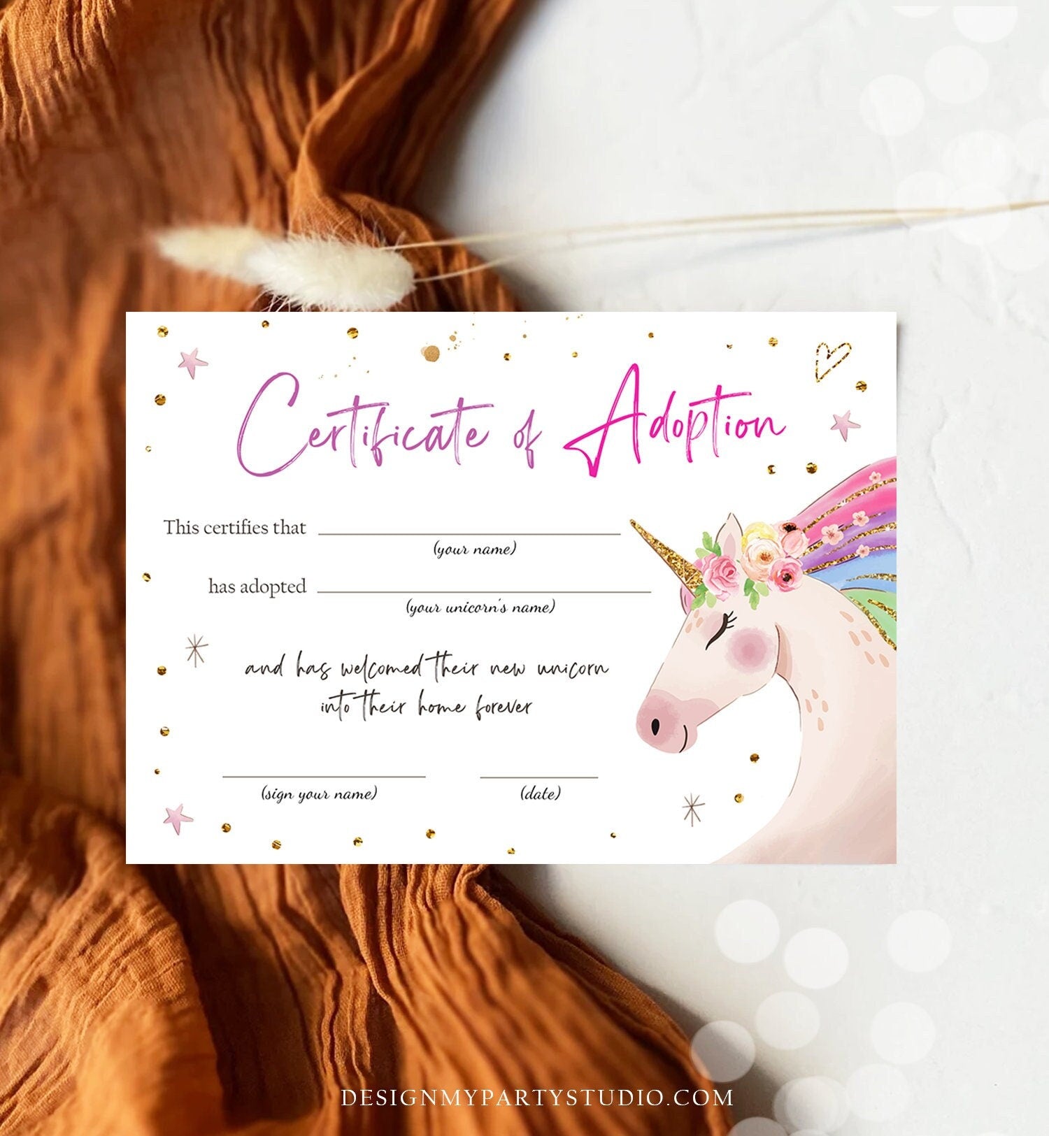 Adopt a Unicorn Certificate Unicorn Adoption Unicorn Birthday Party Magical Birthday Rainbow Girl Instant Download Digital Printable 0411