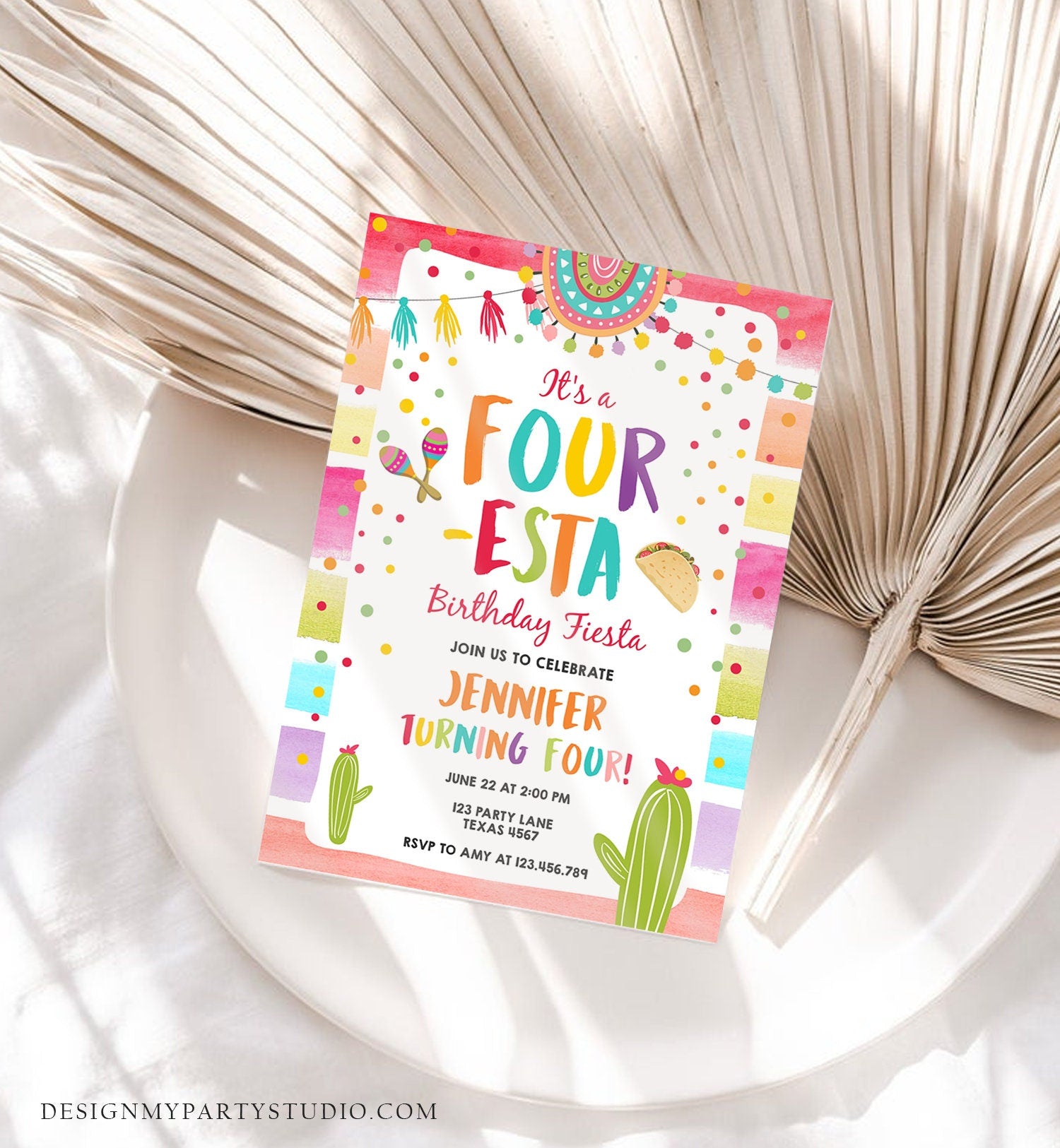 Editable Four-Esta Fiesta Birthday Invitation 4th Birthday Four Cactus Fourth Mexican Boy Girl Cactus Download Corjl Template Printable 0134