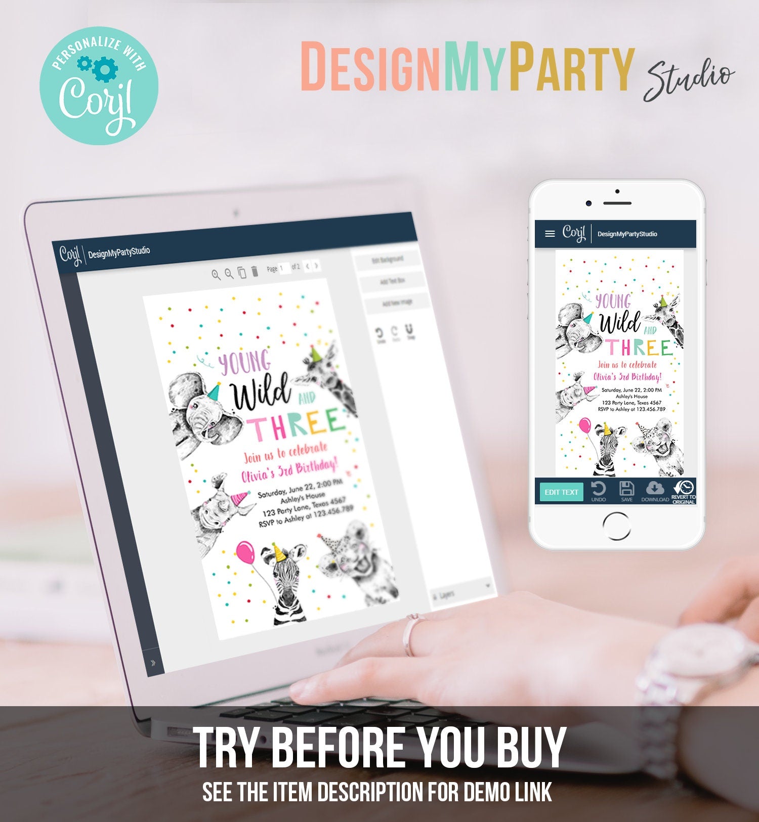 Editable Party Animals Birthday Evite Young Wild and Three Invitation Safari Animals Girl Download Digital Invite iPhone Template Corjl 0390