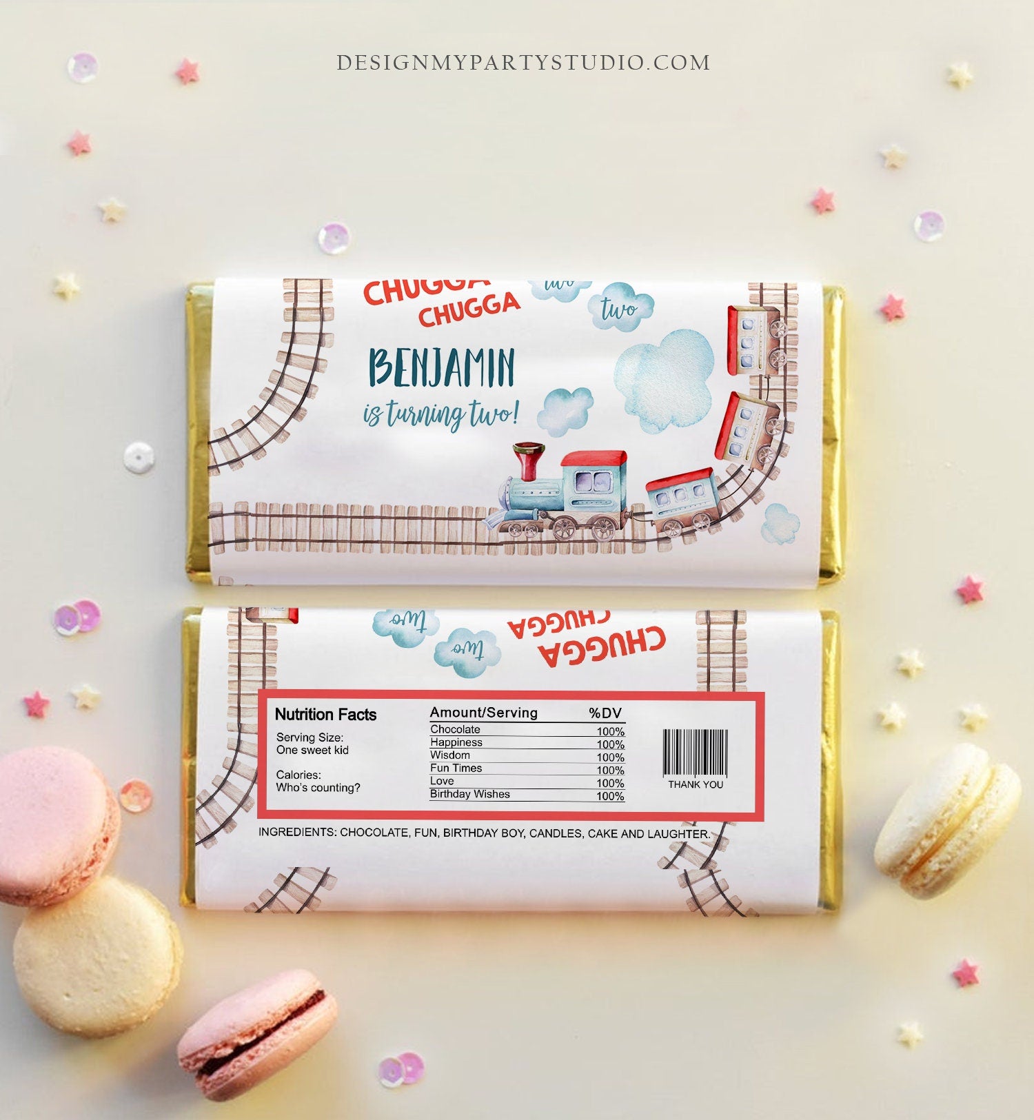 Editable Candy Bar Wrapper Vintage Train Chugga Choo Second Birthday Two Two Red Blue Boy Locomotive Digital Corjl Template Printable 0149
