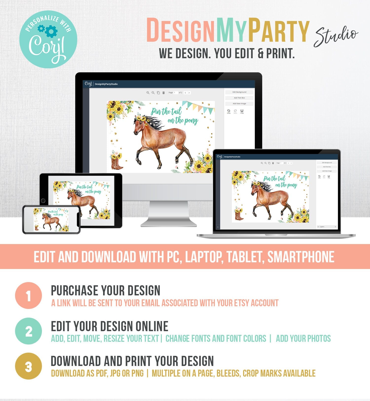 Editable Pin the Tail on the Pony Birthday Game Horse Birthday Party Decor Cowgirl Floral Sunflowers Download Printable Digital Corjl 0408