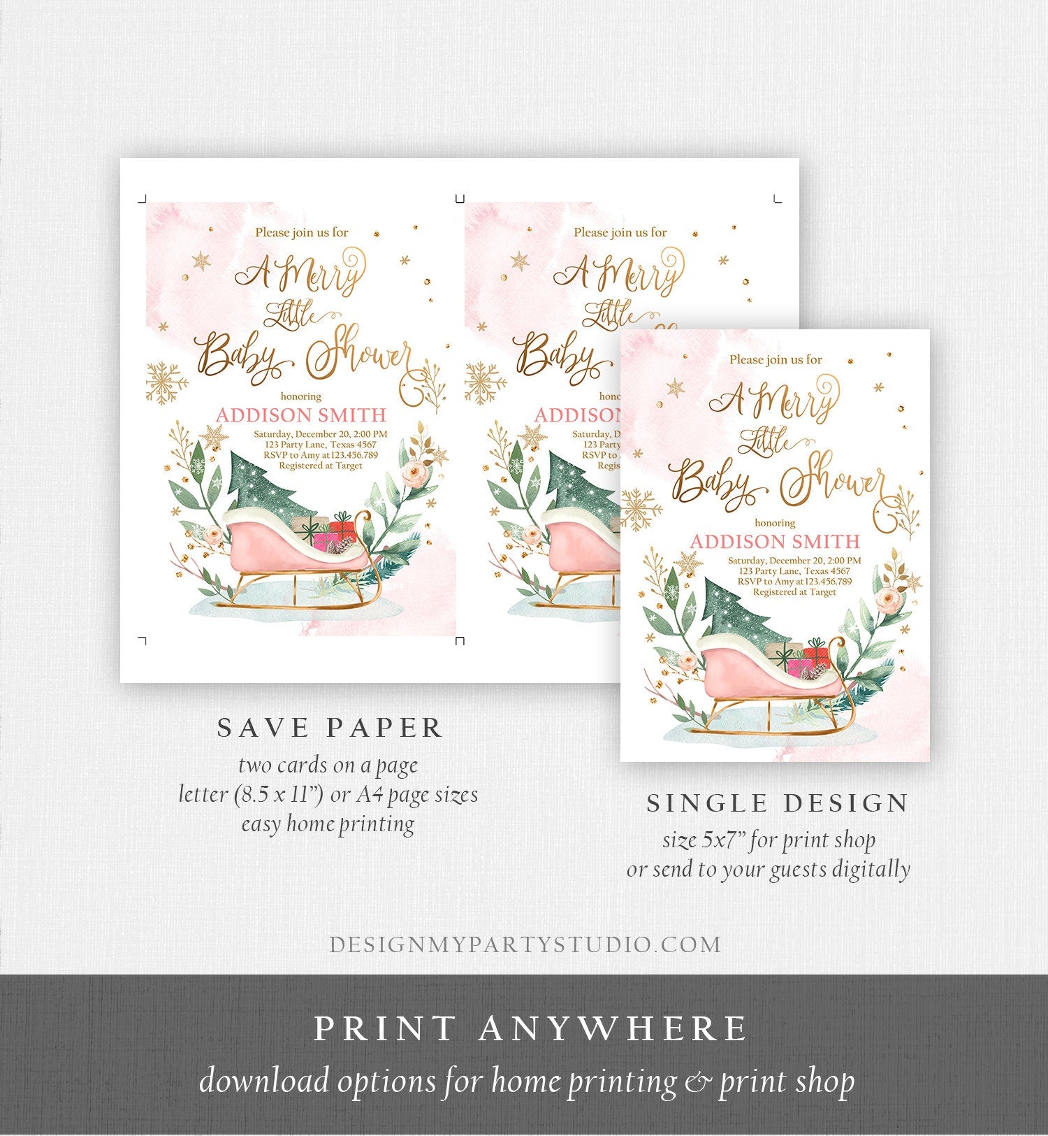 Editable Winter Baby Shower Invitation Pink Girl Christmas Merry Little Sleigh Watercolor Digital Download Evite Template Printable 0353