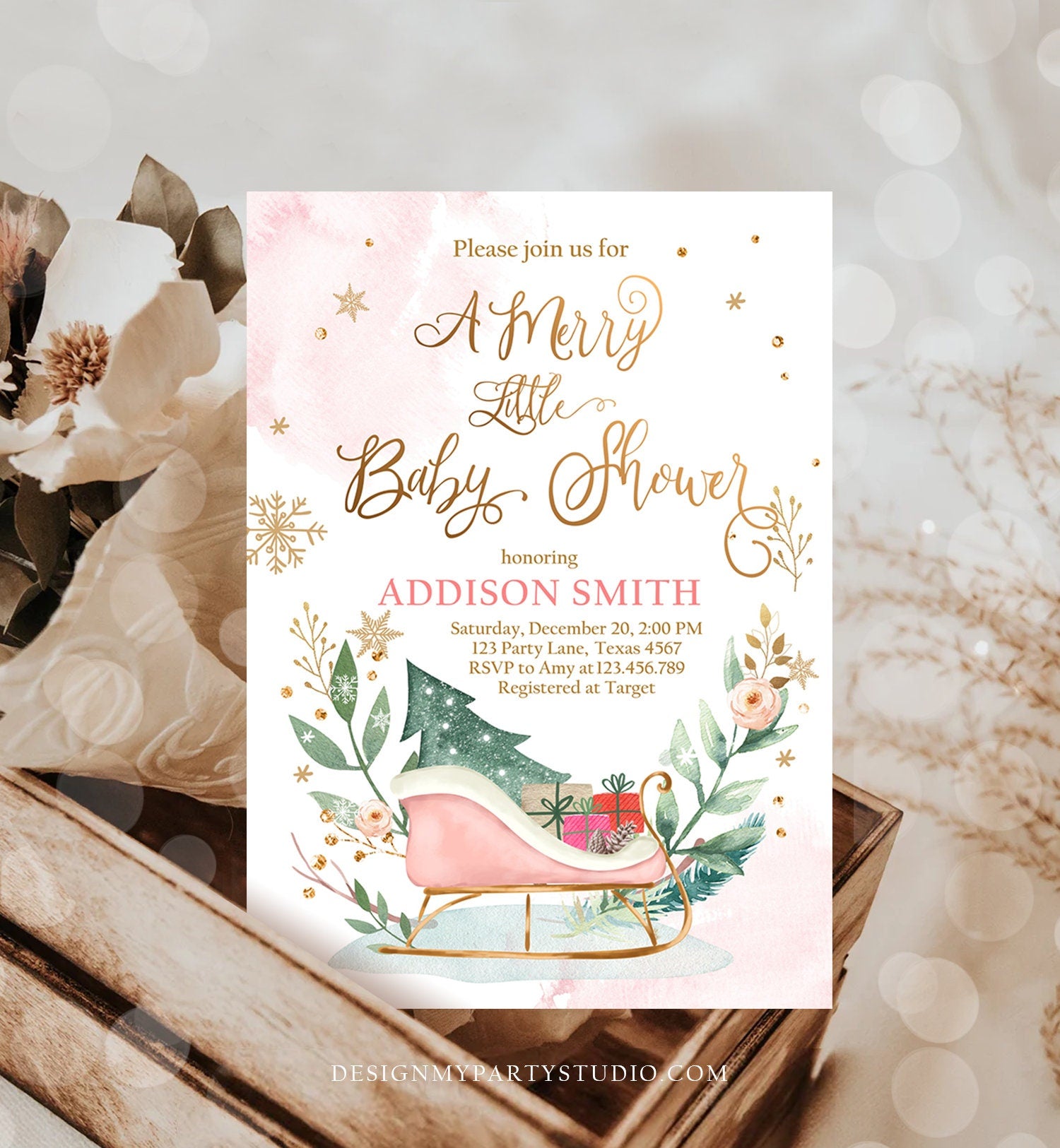 Editable Winter Baby Shower Invitation Pink Girl Christmas Merry Little Sleigh Watercolor Digital Download Evite Template Printable 0353
