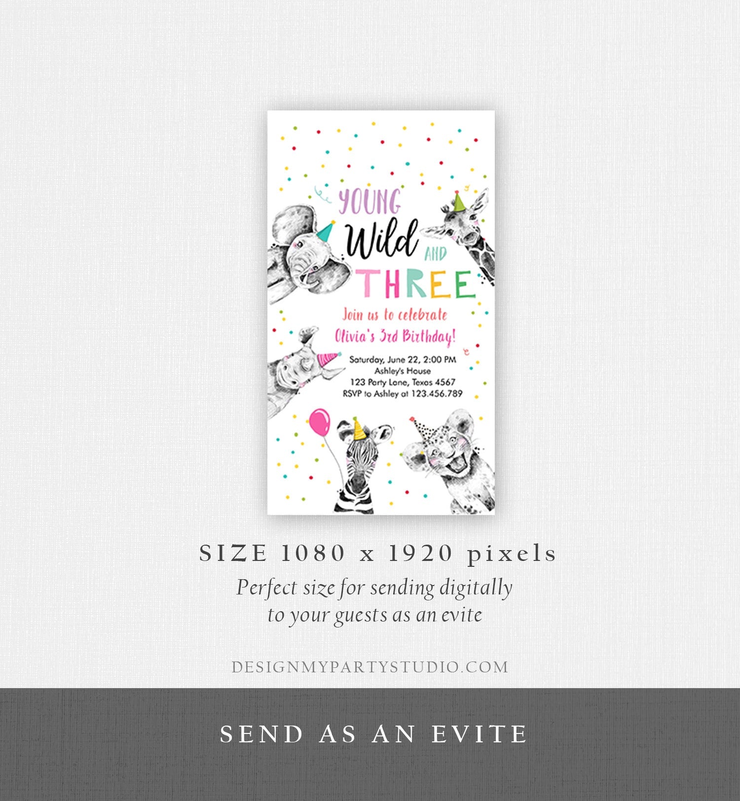 Editable Party Animals Birthday Evite Young Wild and Three Invitation Safari Animals Girl Download Digital Invite iPhone Template Corjl 0390