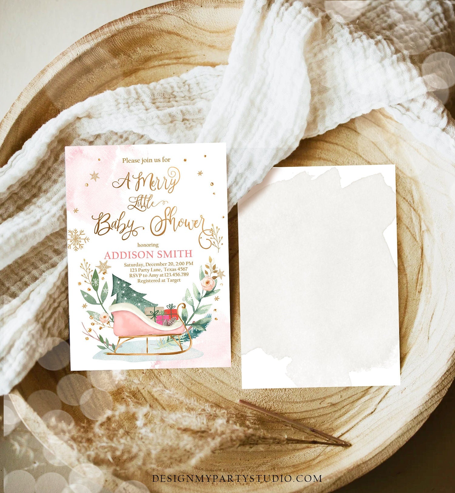 Editable Winter Baby Shower Invitation Pink Girl Christmas Merry Little Sleigh Watercolor Digital Download Evite Template Printable 0353